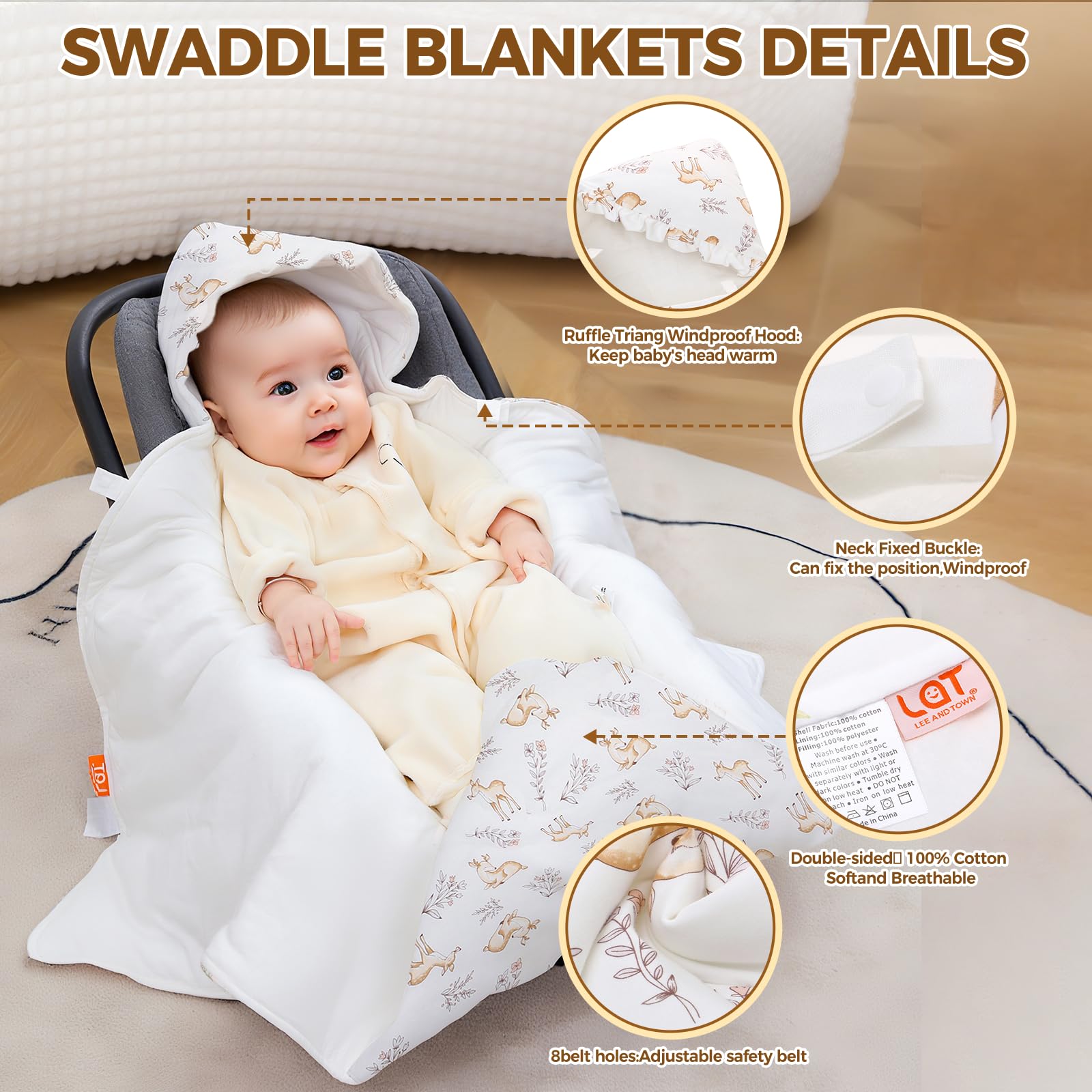 LAT LEE AND TOWN 35x35 swaddle closeup shows generous size for growing babies