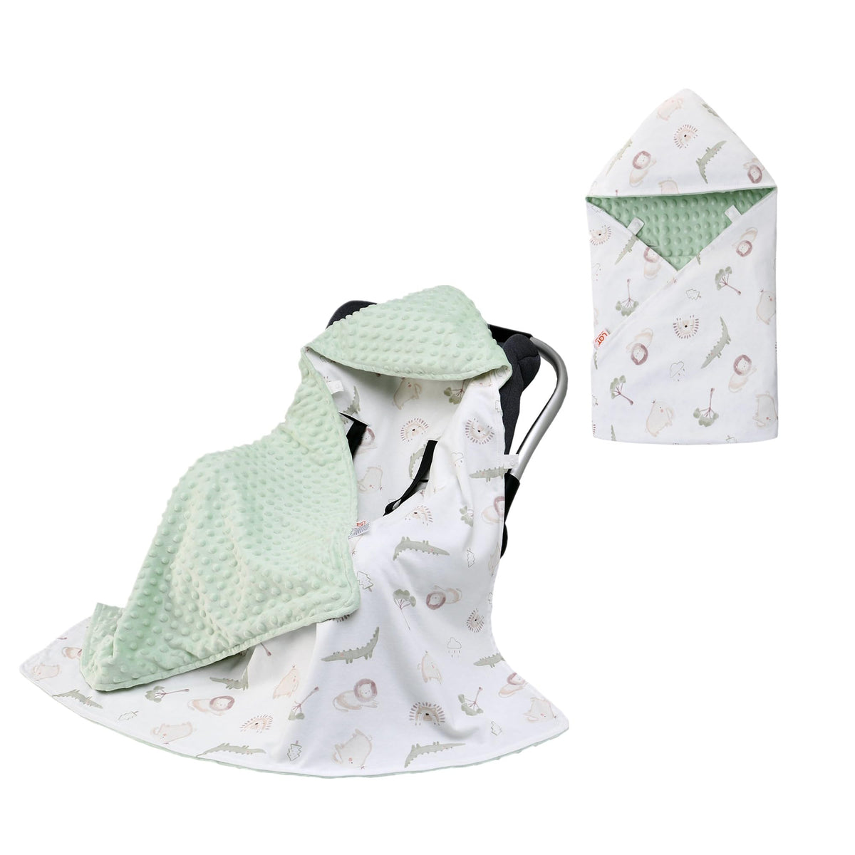 LAT LEE AND TOWN baby car seat blanket with green animals print delivers cozy warmth.