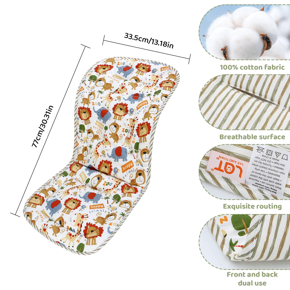 LAT LEE AND TOWN Happy Zoo stroller cushion 100% cotton cover close-up highlighting breathable softness