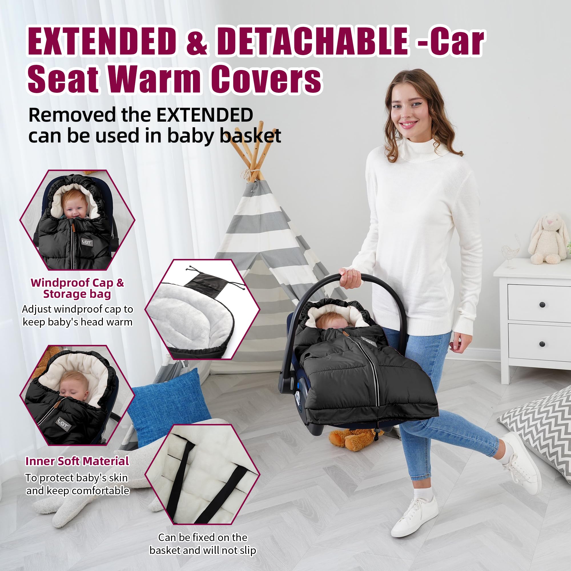 LAT Baby Warm Bunting Bag Drawstring Hood demonstrates face-warmth on chilly mornings