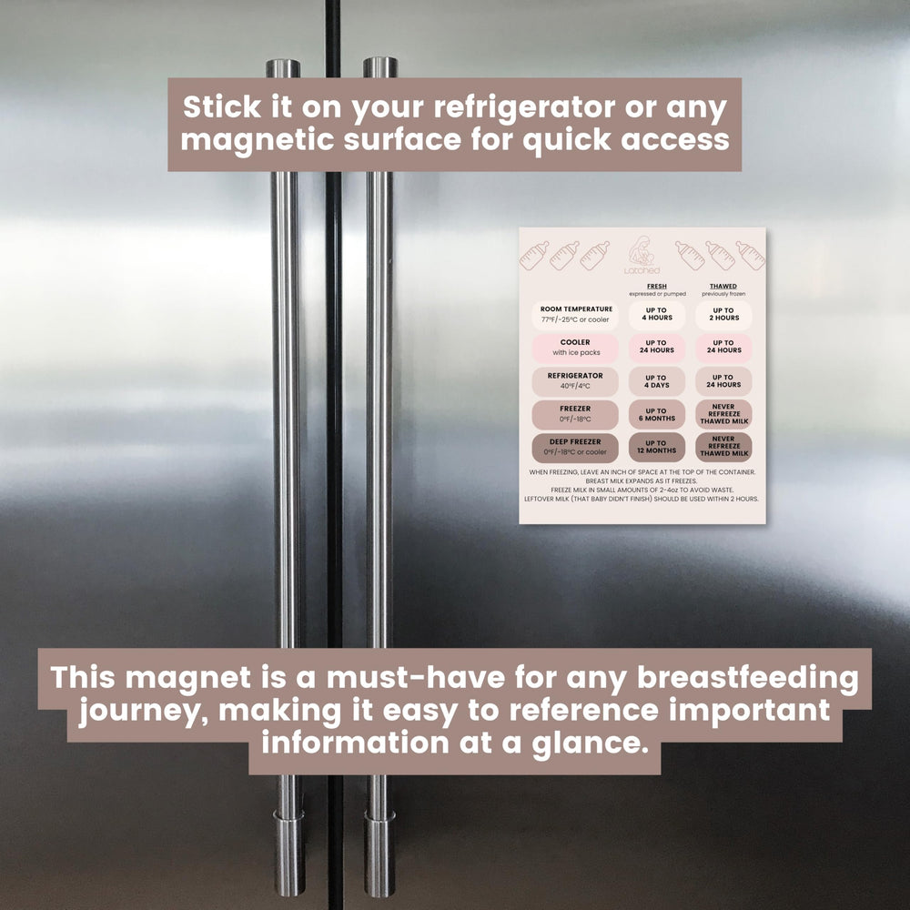 Latched breast milk storage magnet in kitchen helps plan pumping sessions and feeds.