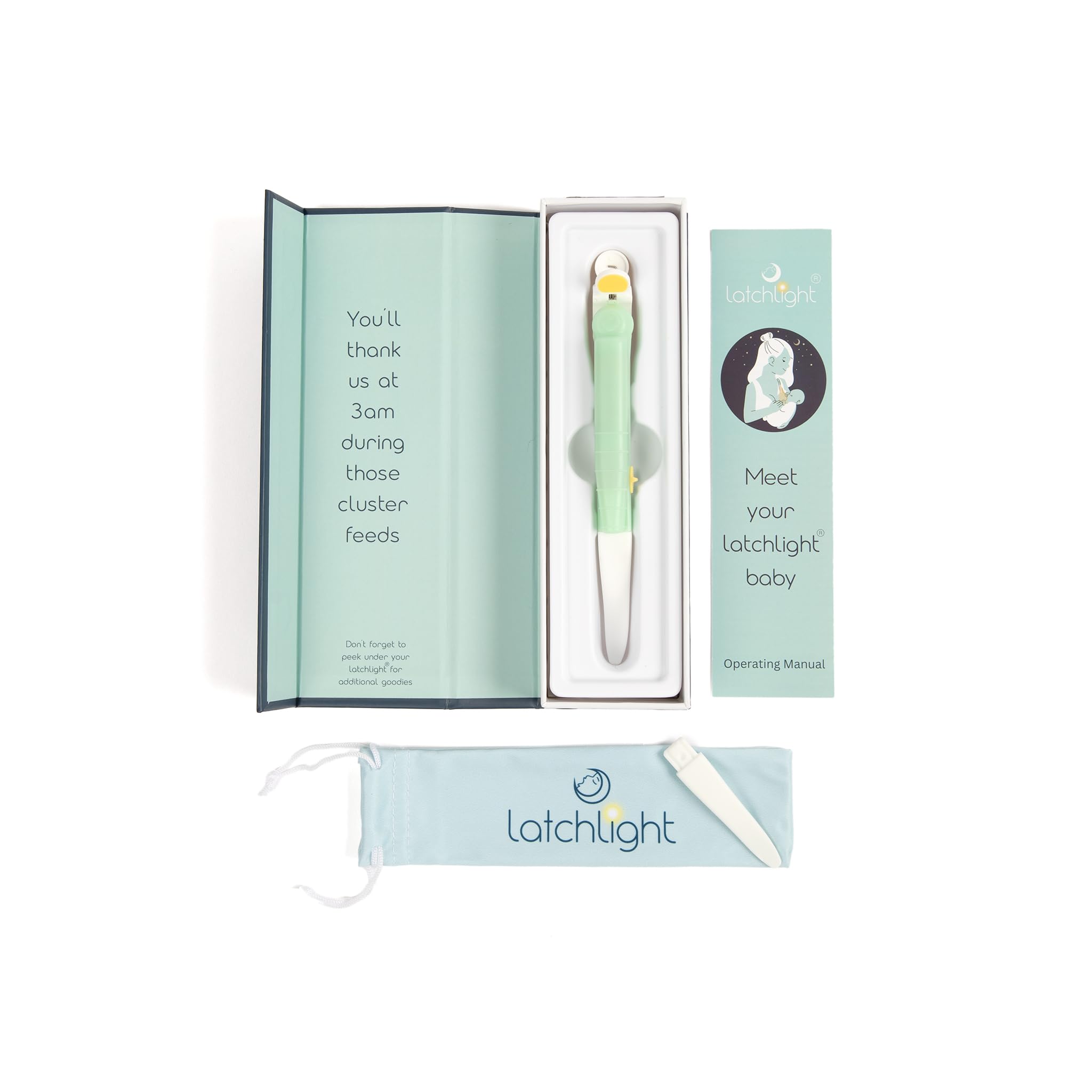 LatchLight wearable night light shows amber glow, aiding hands-free feeding without waking baby.