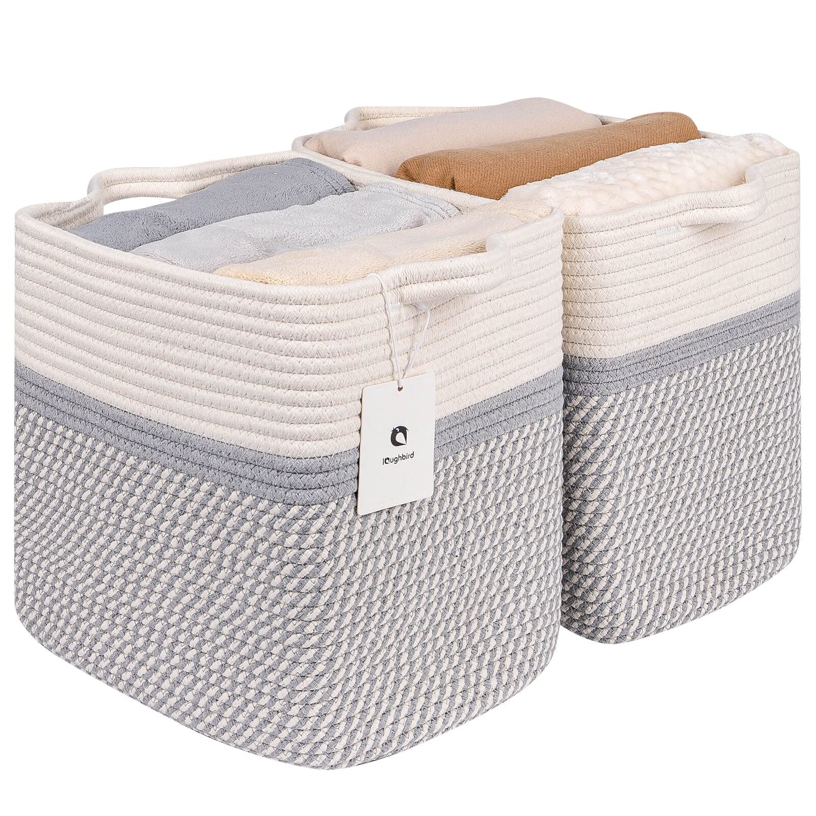Laughbird basket medium handle white-gray for organized living room storage.