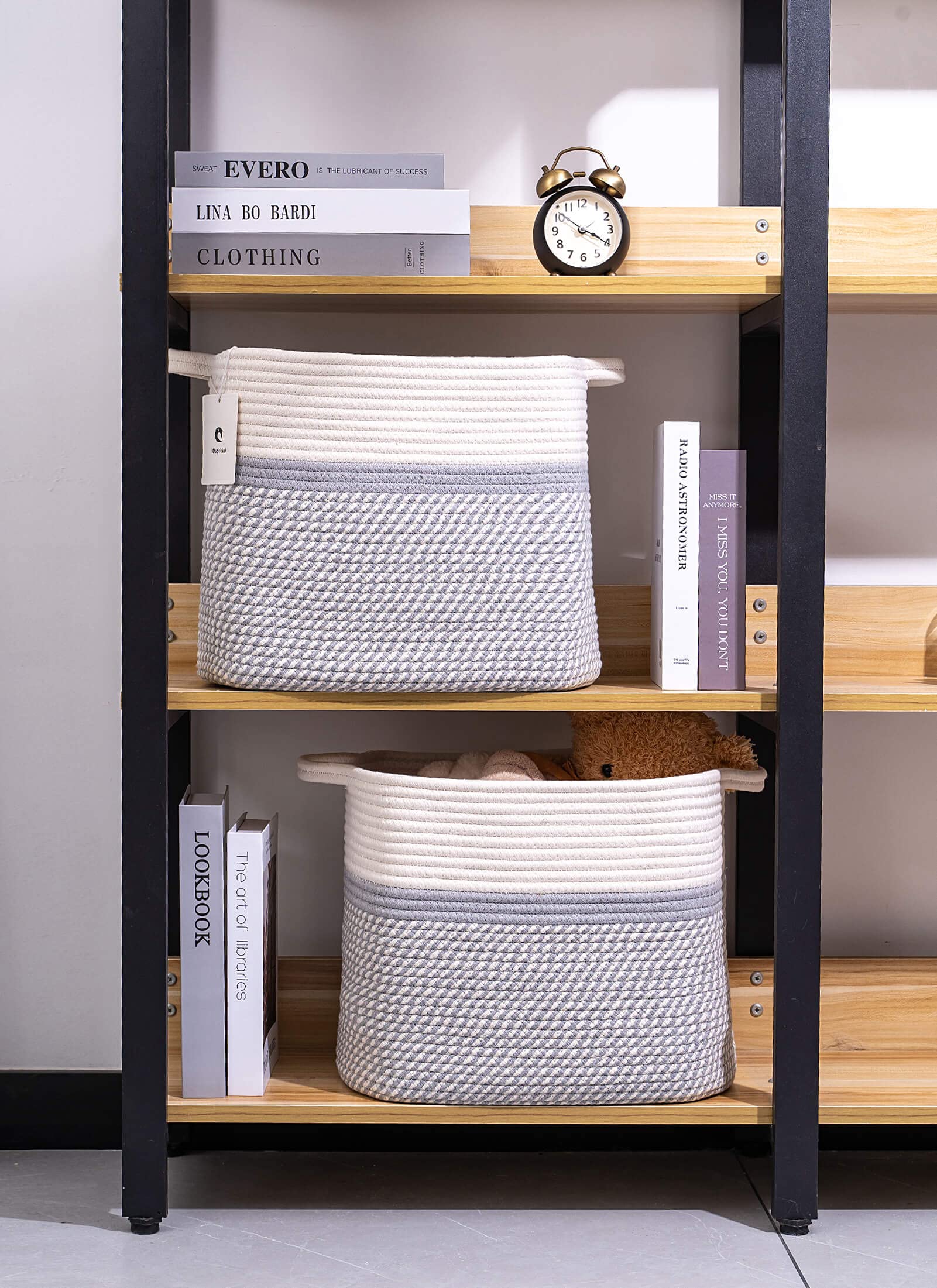 Laughbird room-decor white-gray basket complements interior palettes.