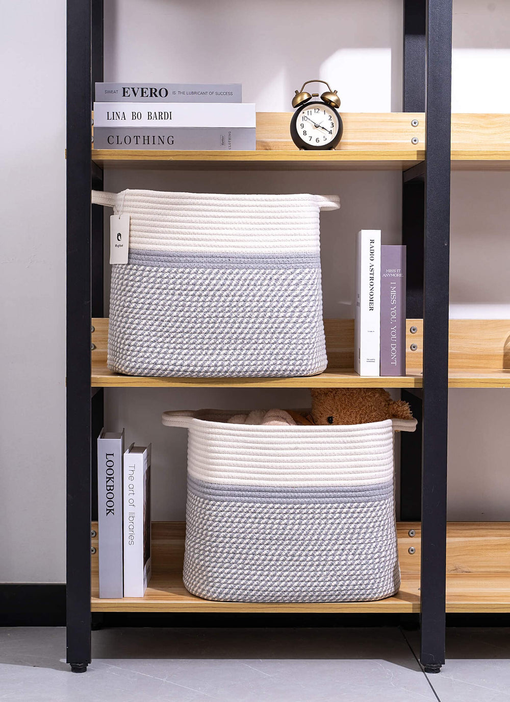 Laughbird room-decor white-gray basket complements interior palettes.