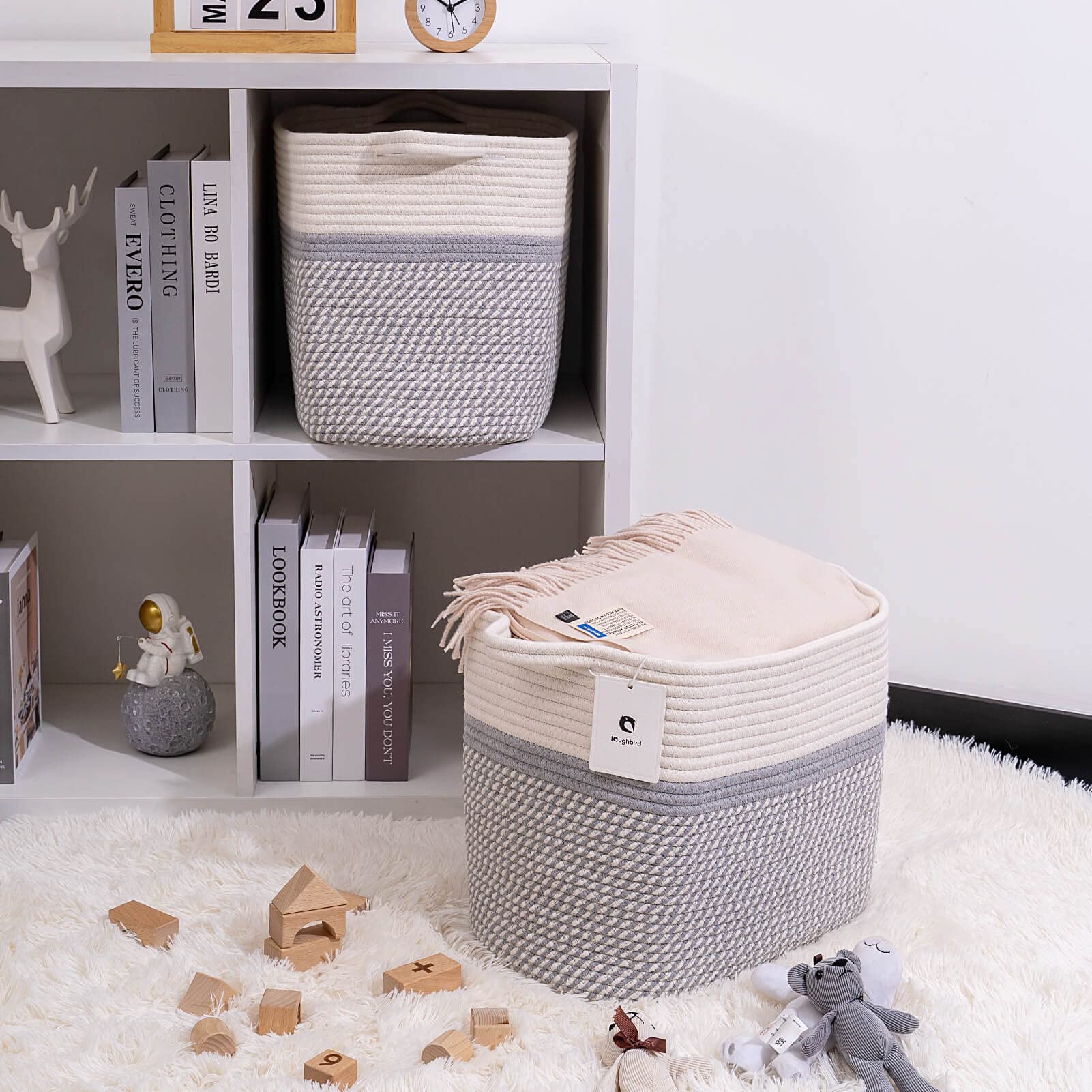 Laughbird shelf-bin white-gray basket fits shelves for quick access.