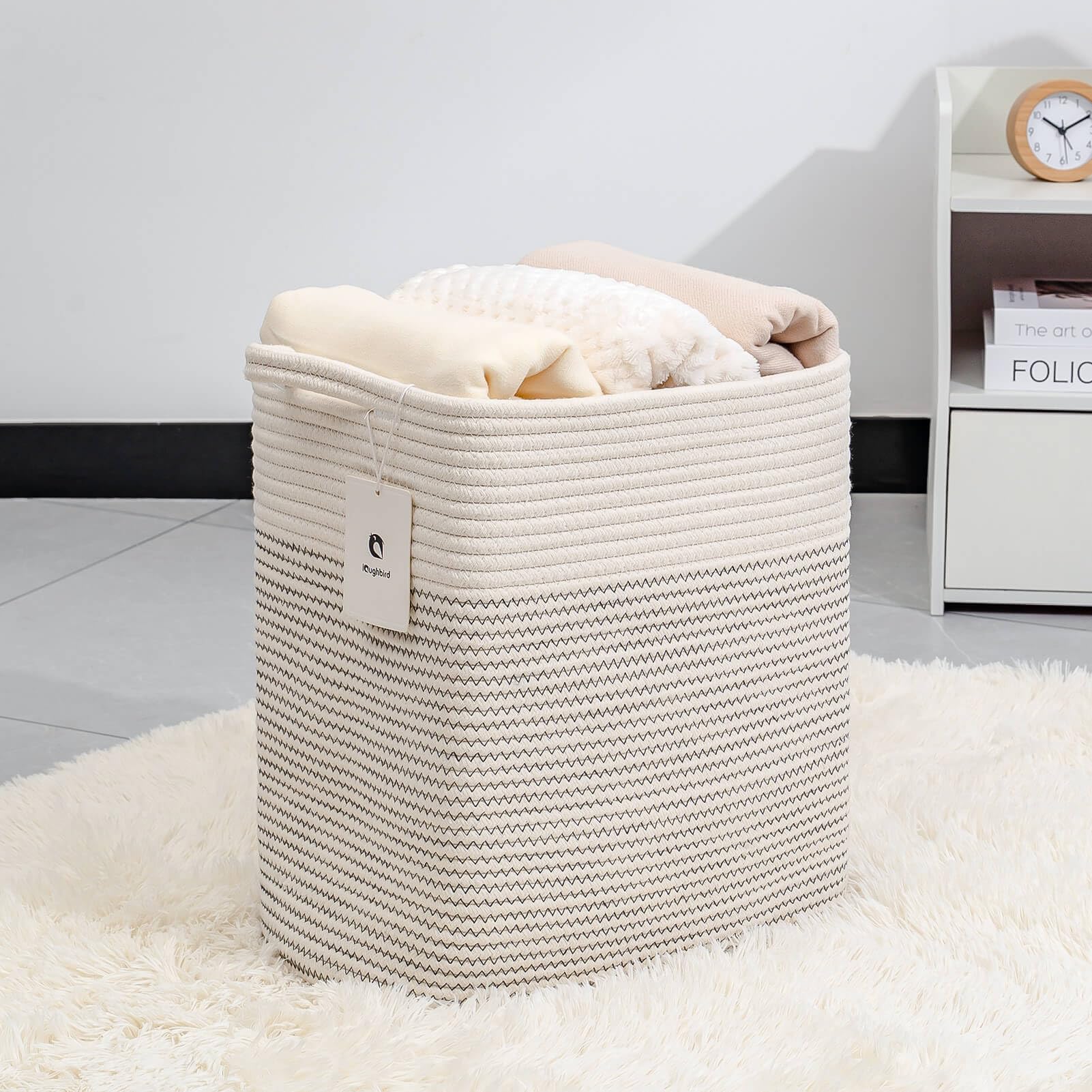 laughbird decorative storage basket white black line enhances room decor