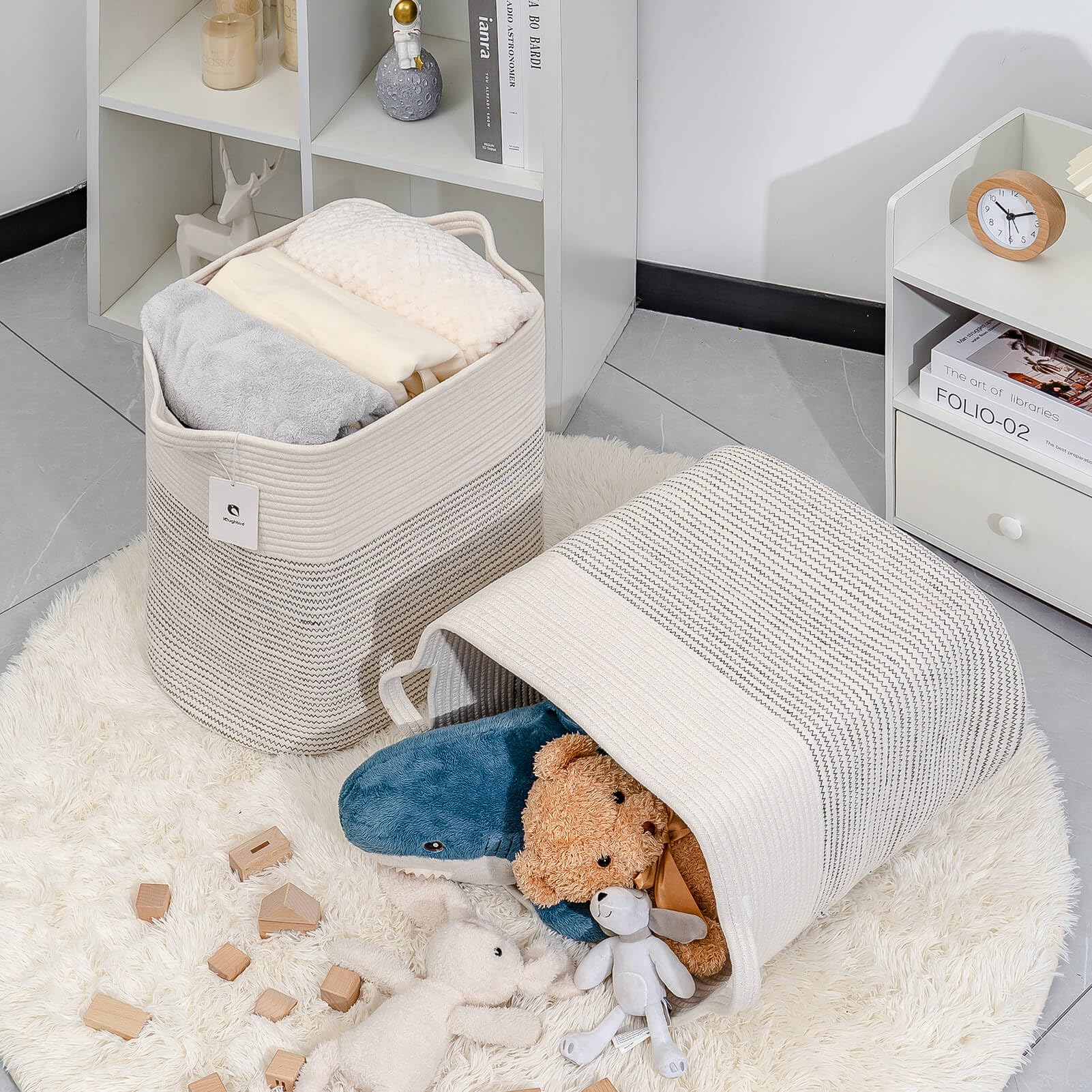 Laughbird storage basket closet organization shows compact footprint and easy reach for everyday essentials.
