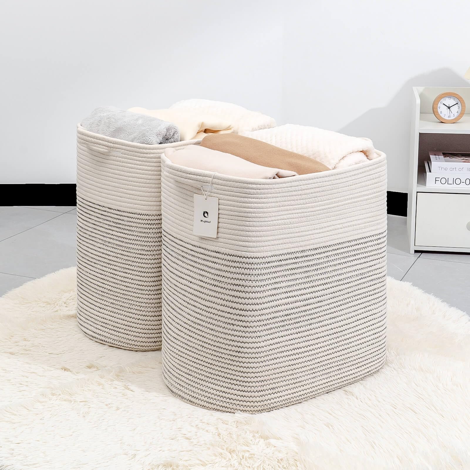 Laughbird cotton rope weave detail highlights durable construction ideal for blankets, toys, or laundry.