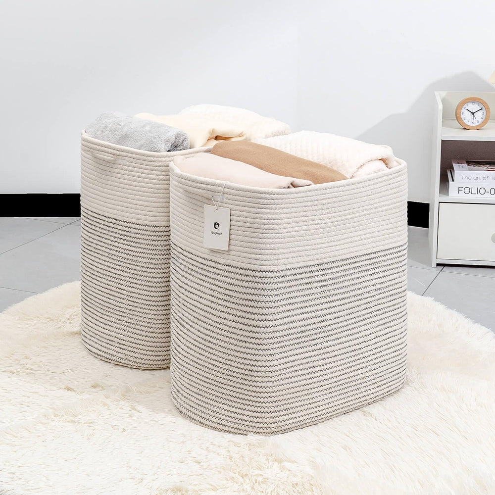 Laughbird cotton rope weave detail highlights durable construction ideal for blankets, toys, or laundry.