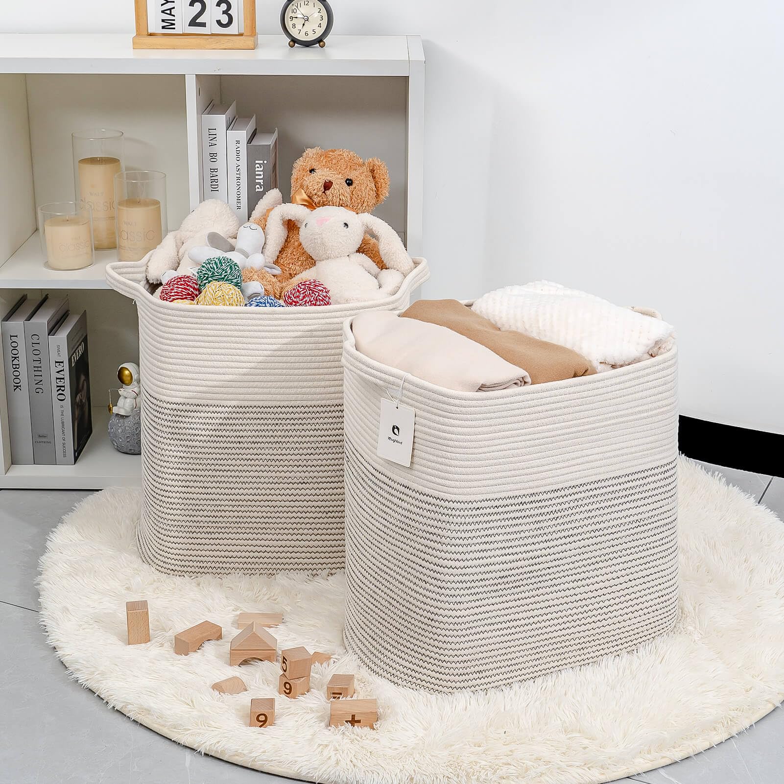 Laughbird storage basket living room setup demonstrates stylish storage with natural textures.