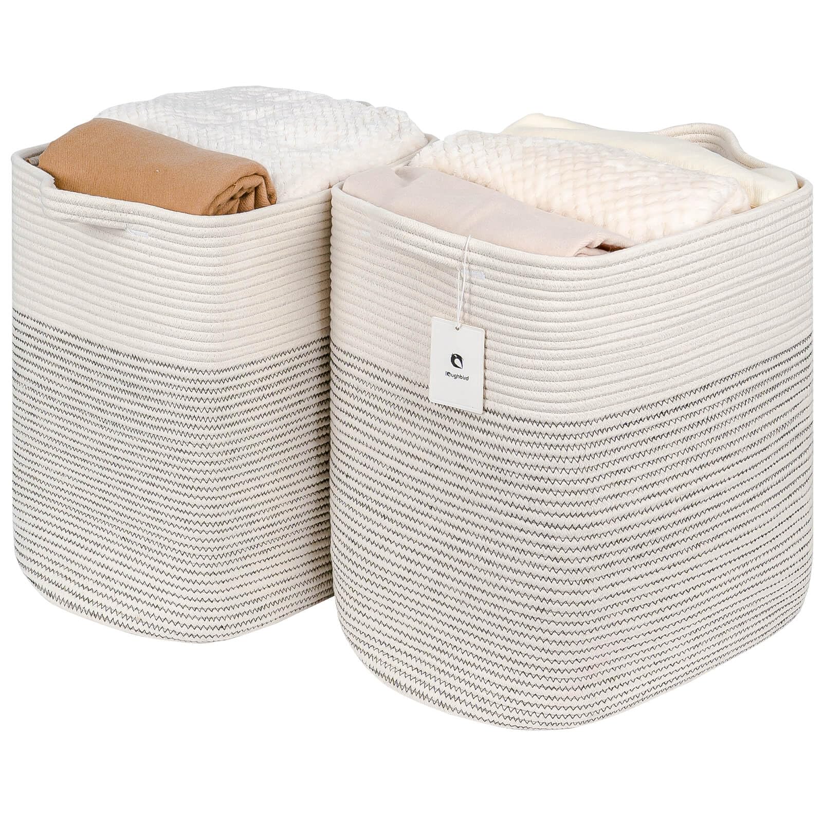 Laughbird storage basket white-black line front view for stylish clutter control in living spaces.