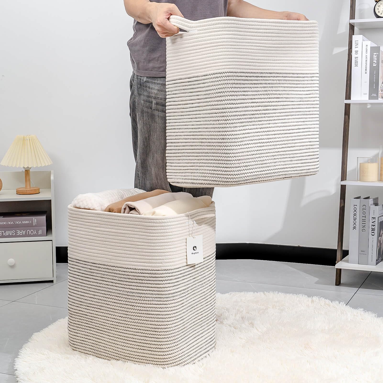 Laughbird storage basket handles close-up shows sturdy grip for easy transport and daily organization.