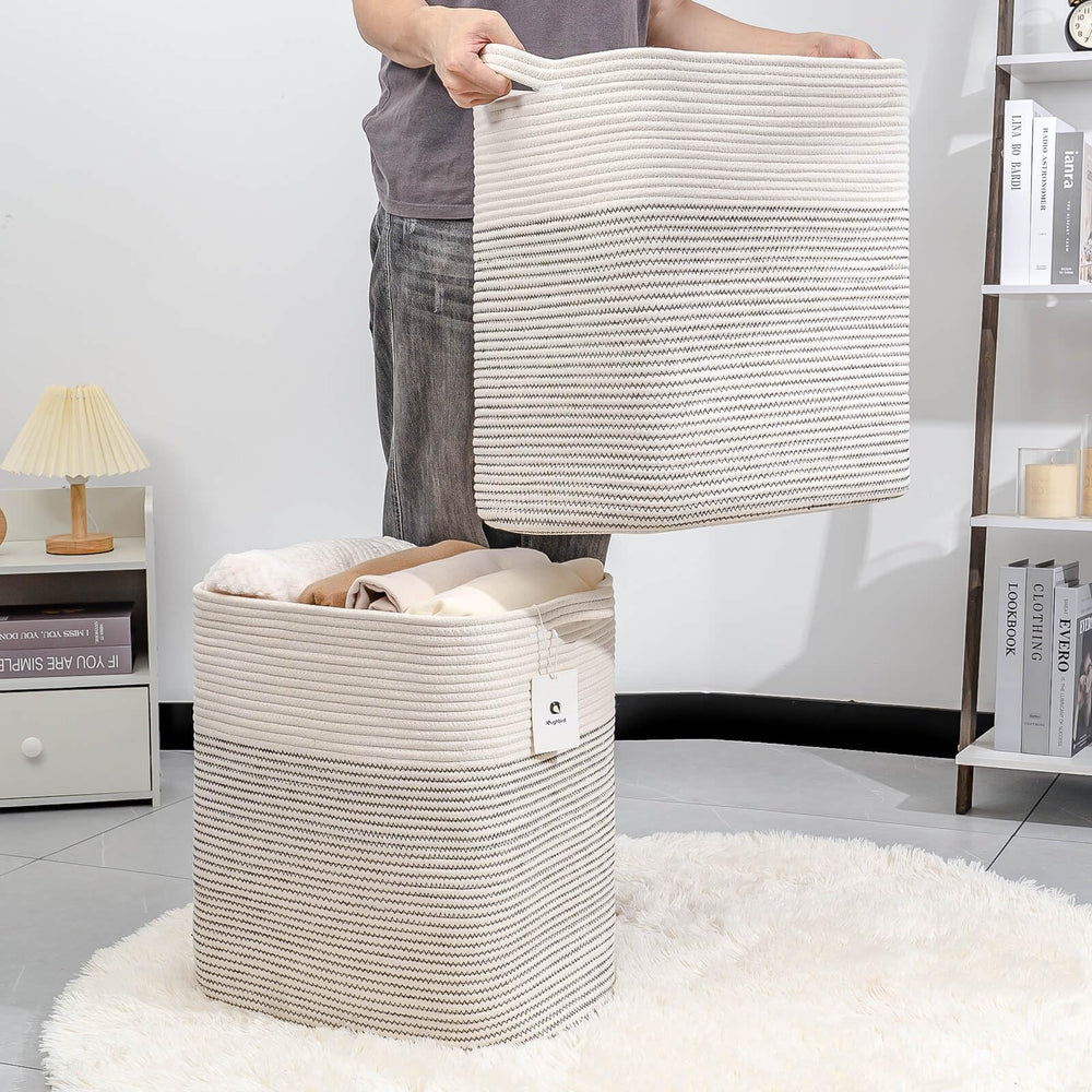 Laughbird storage basket handles close-up shows sturdy grip for easy transport and daily organization.