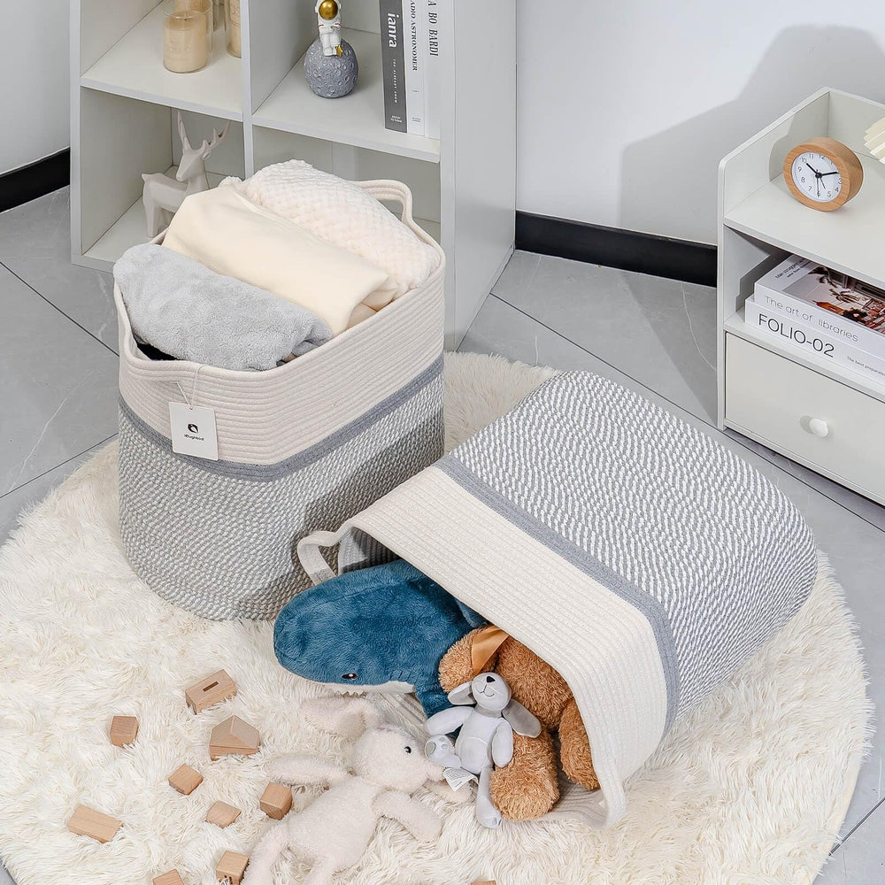 Laughbird storage baskets in living room decor adds warm texture and organized storage.