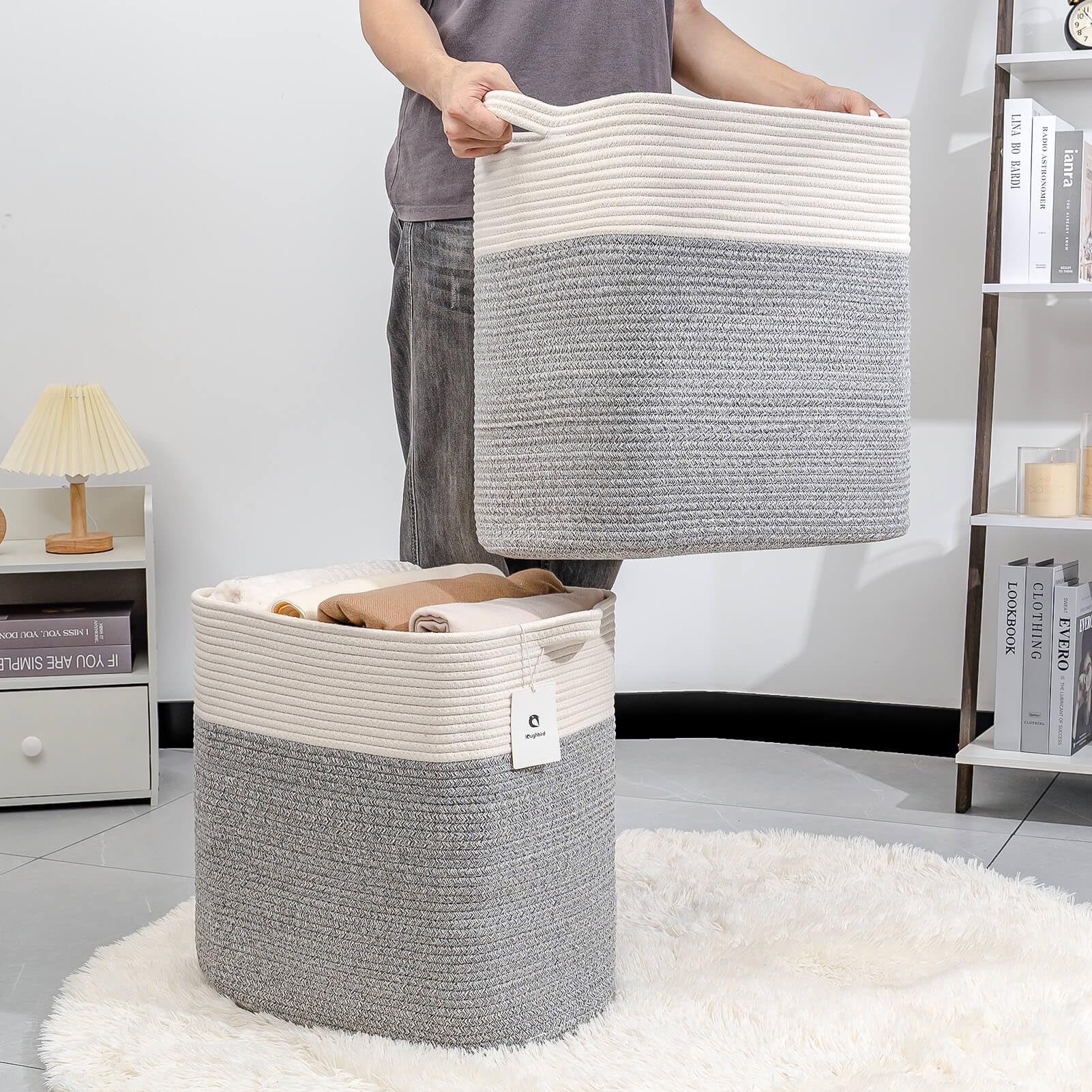 laughbird storage baskets silver gray side view showing large capacity for blankets and clothes