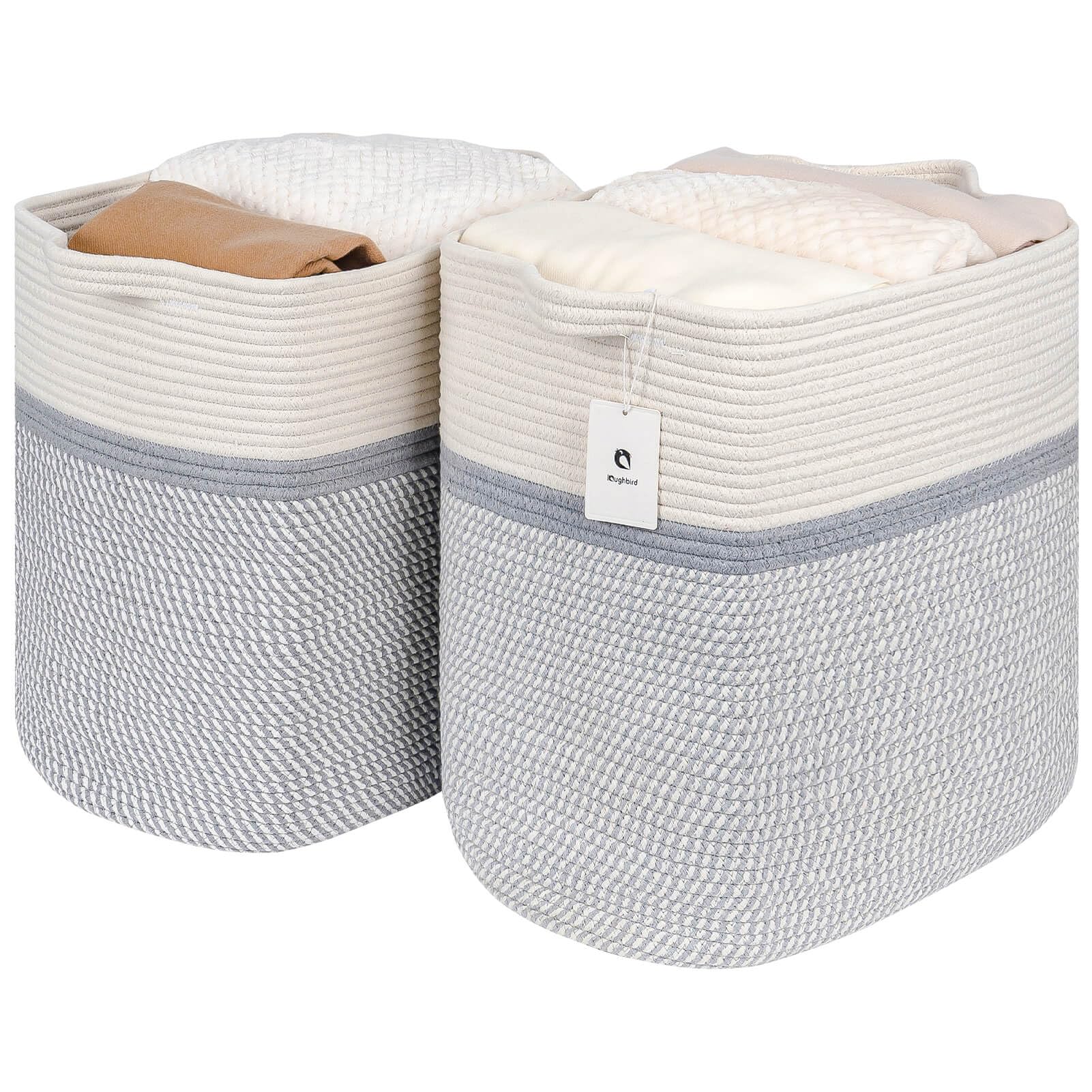 Laughbird storage baskets in white and gray on a shelf showcase tall rectangle organization.