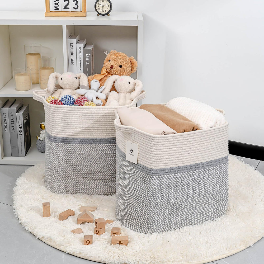 Laughbird woven closet organizer basket blends with neutral decor.