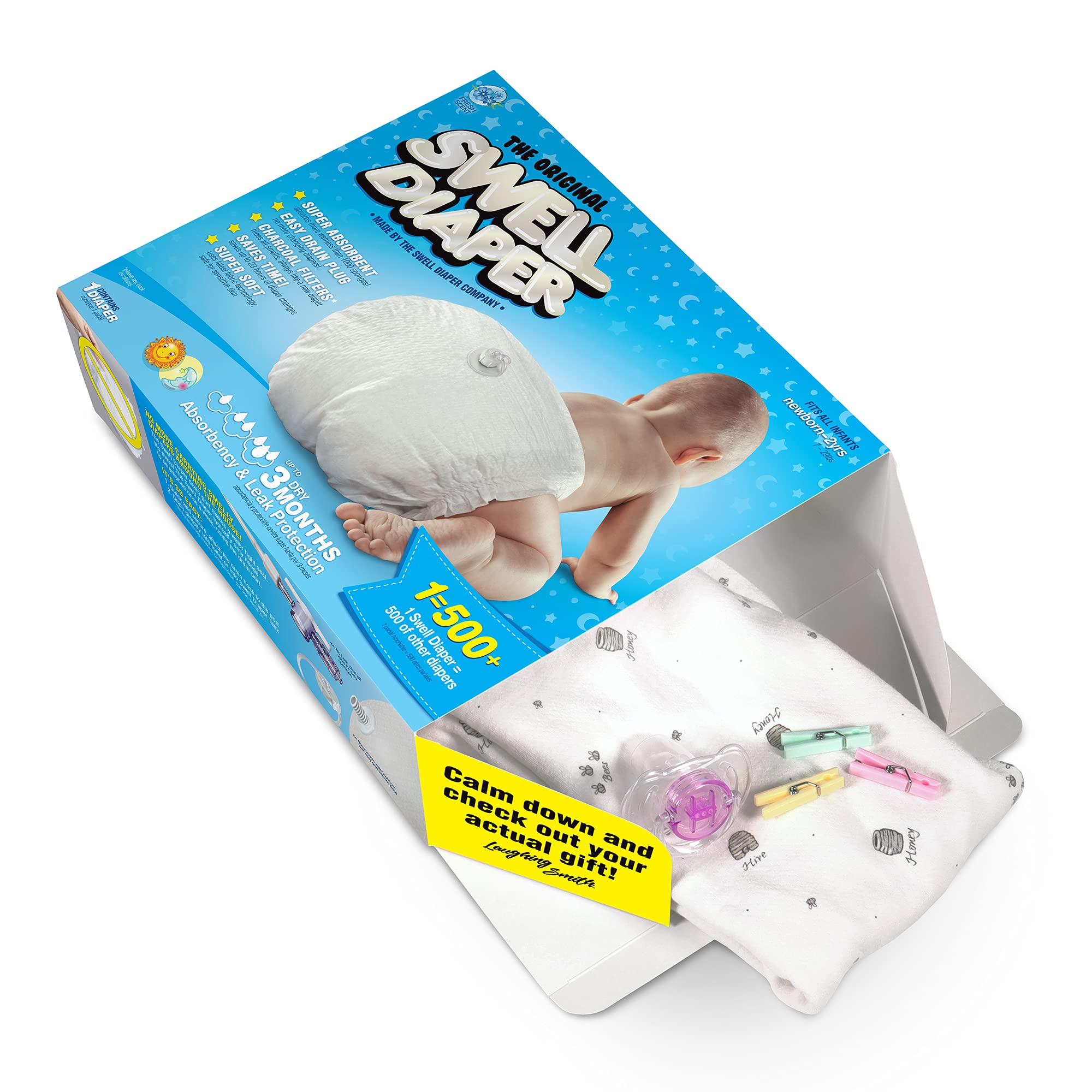 Laughing Smith Swell Baby Diaper box contents close-up, demonstrates gag gift versatility for first-time parents.