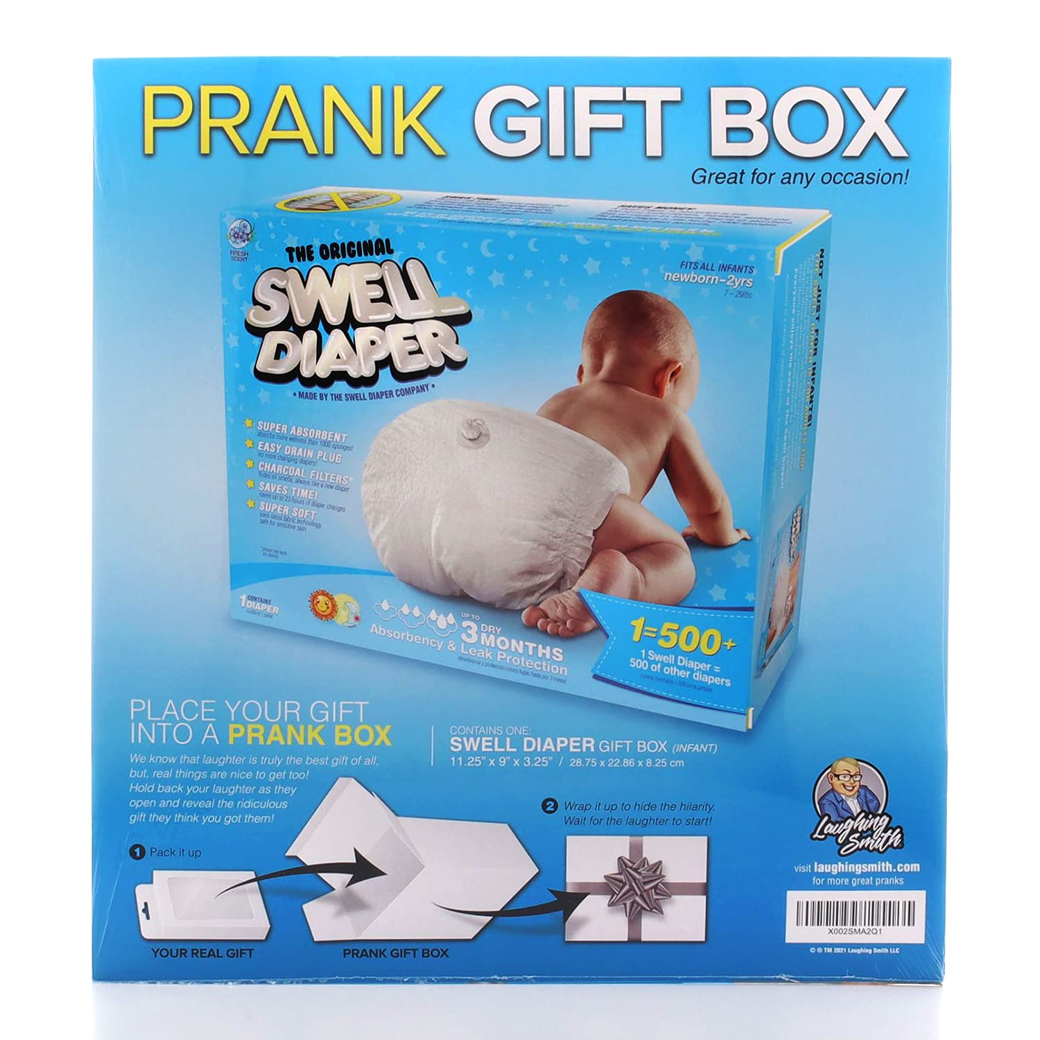 Laughing Smith Swell Baby Diaper gift-wrap concept image, supports wrapping a real present with a joke.