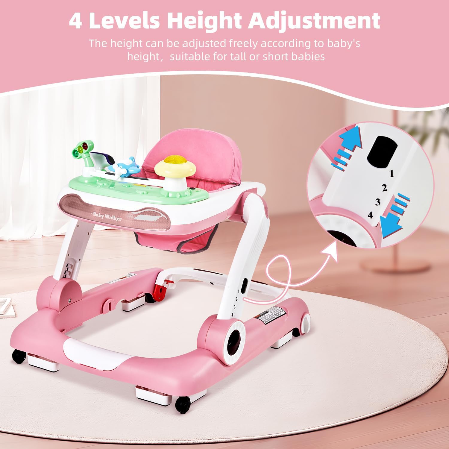 LAUJIA 5-in-1 baby walker feeding tray pink enables easy snack time on the go