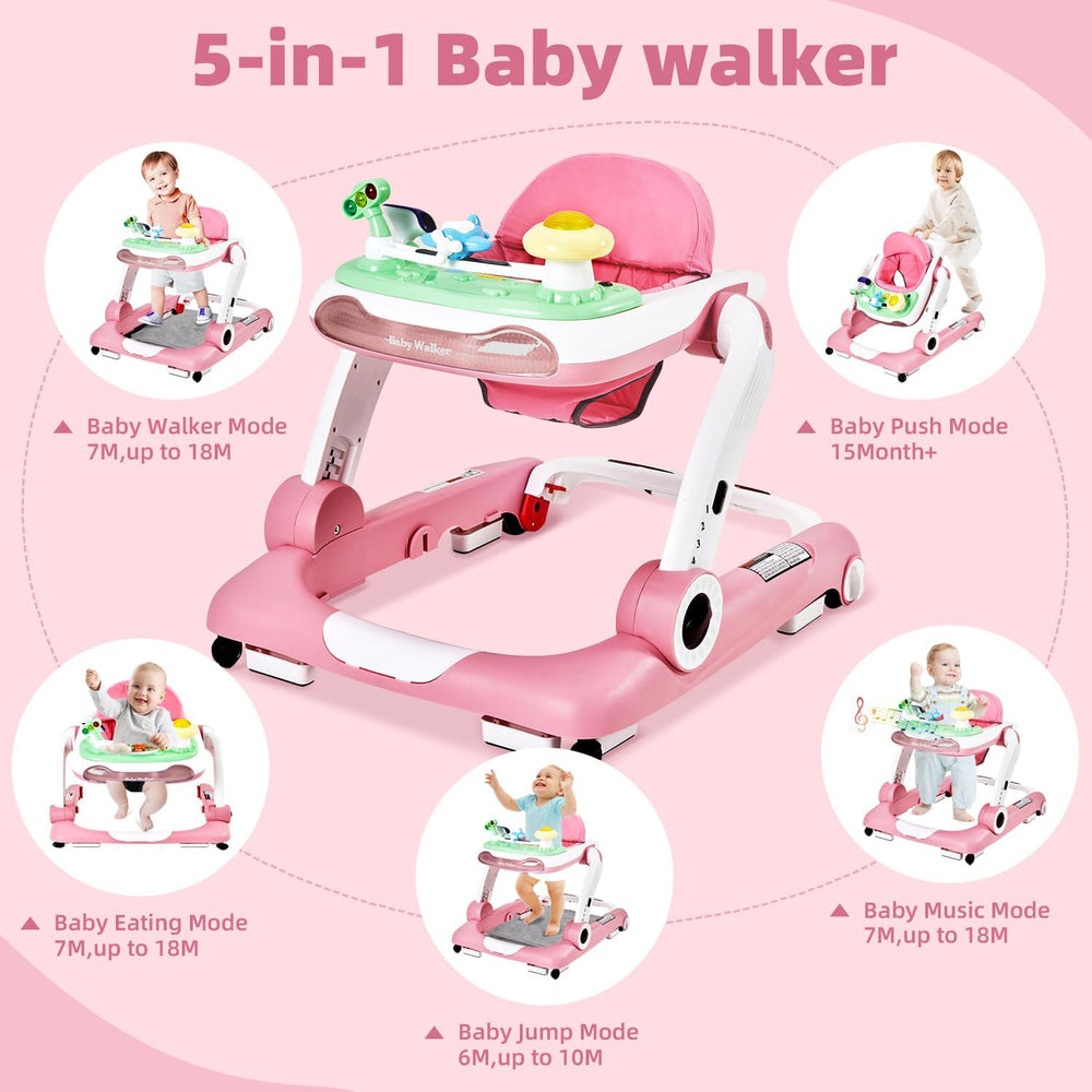 LAUJIA 5-in-1 baby walker folded pink folds compactly for storage and travel