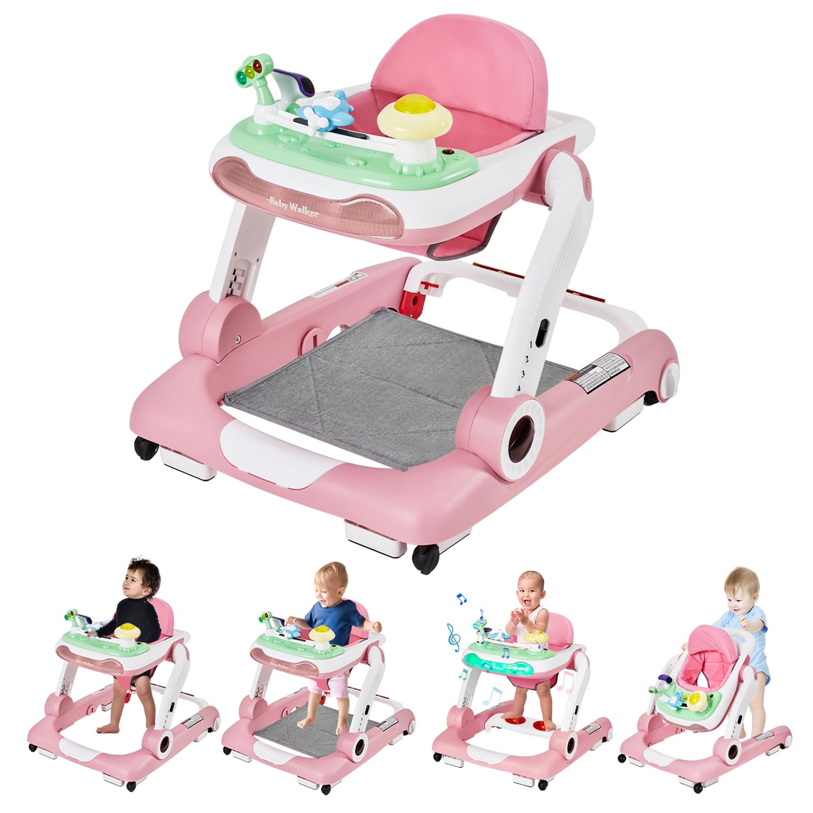 LAUJIA 5-in-1 baby walker walking mode pink supports growing babies' steps