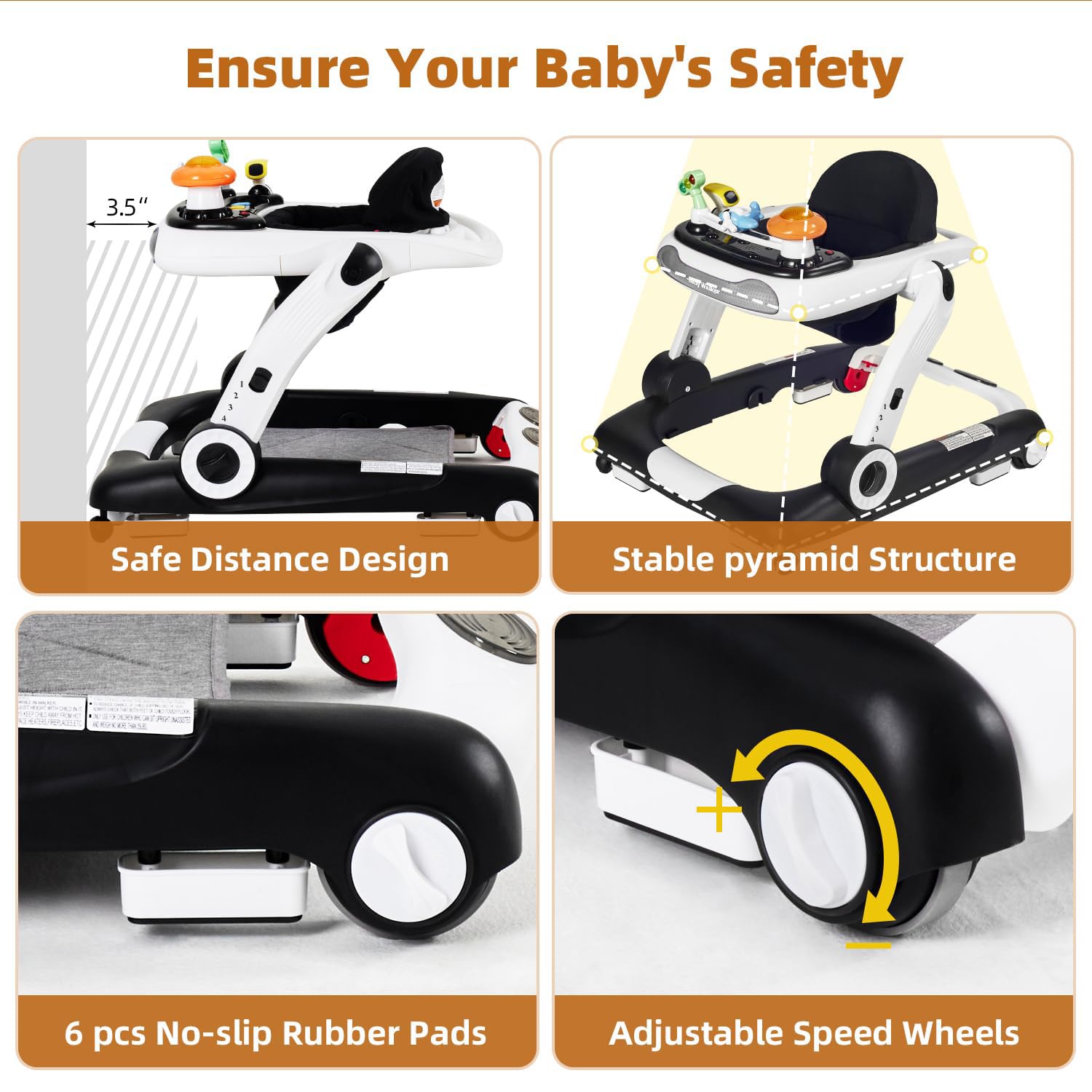 LAUJIA 5-in-1 walker height-adjust feature supports growing babies.