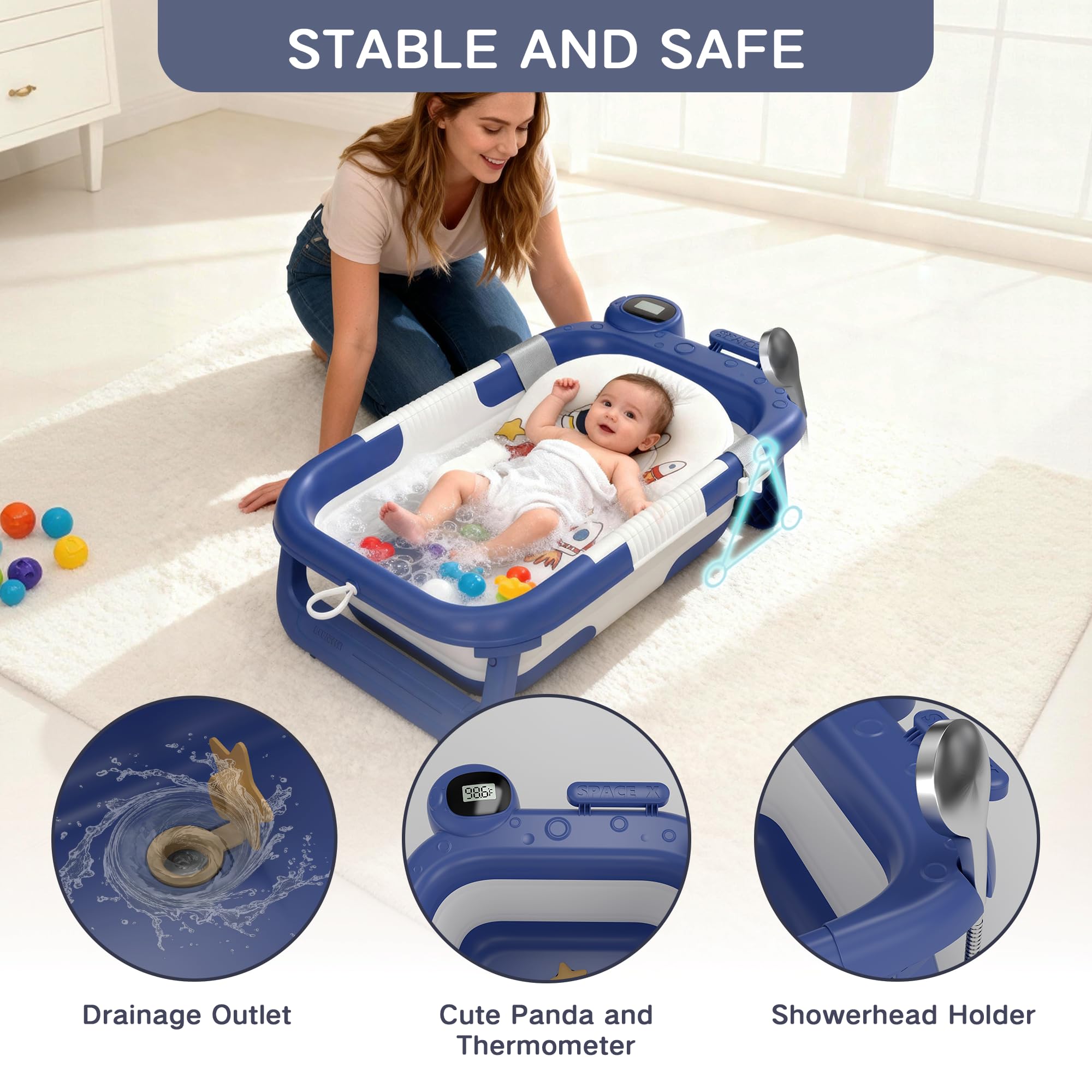 LAUJIA astronaut-blue-bath-tub-temperature-gauge visible for safe-bath monitoring