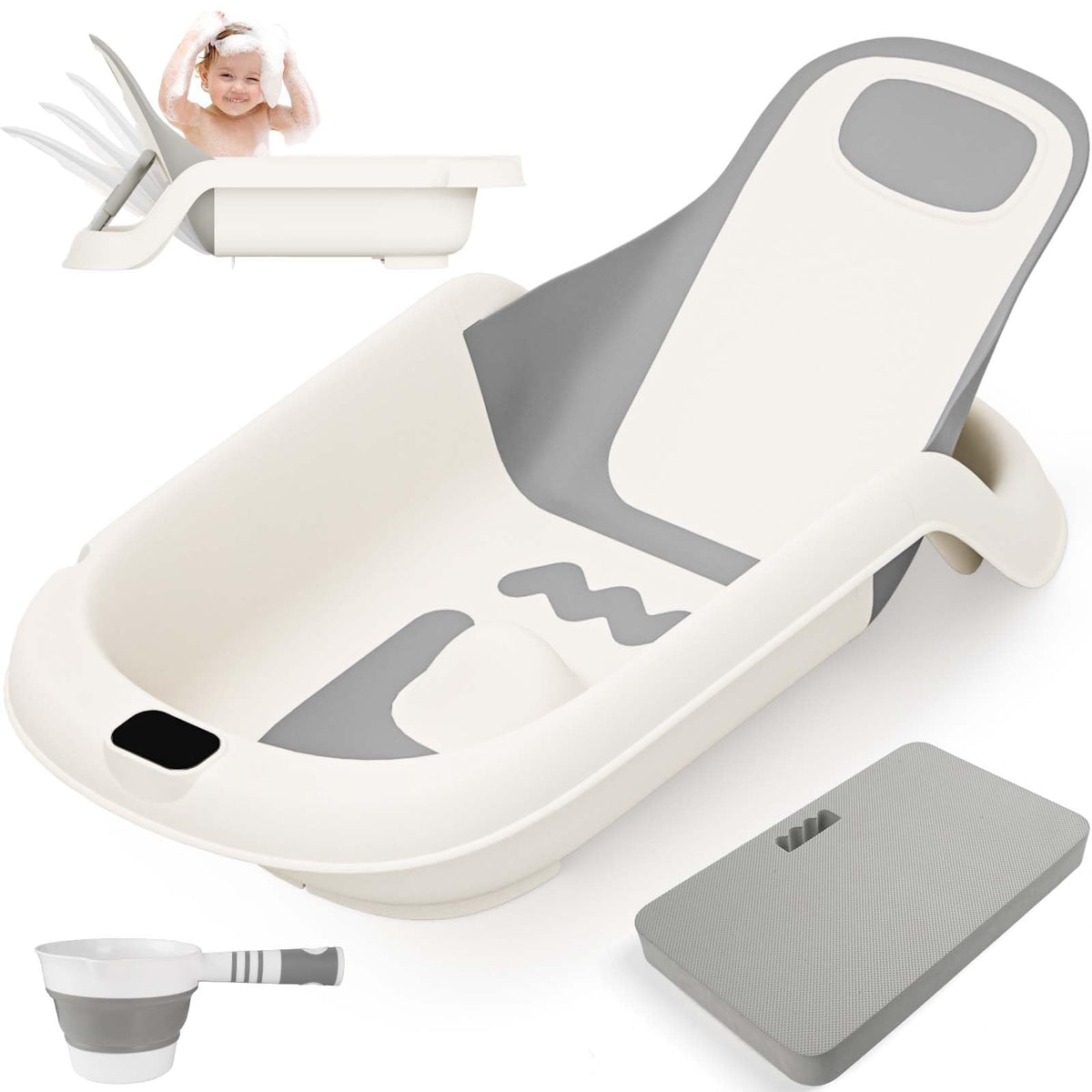 LAUJIA baby bathtub reclines for newborn comfort and secure support during bath time.