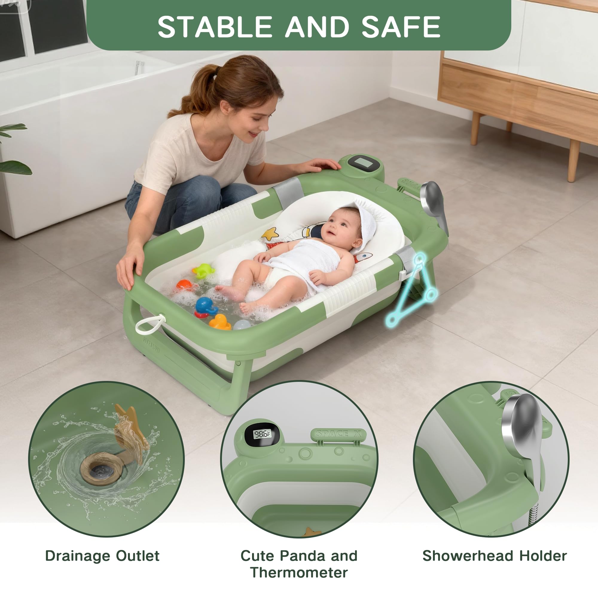 LAUJIA baby bathtub temperature gauge close-up enables easy bath-temperature monitoring.
