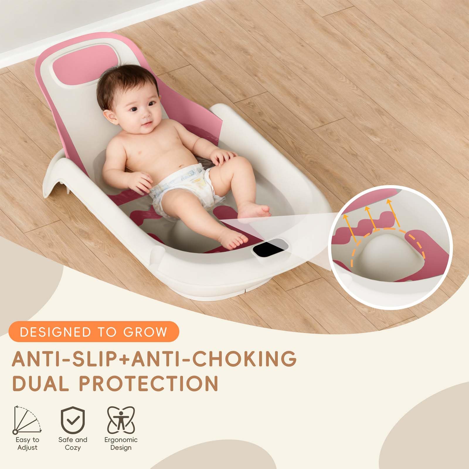 LAUJIA pink tub showcases a compact, comfortable bath time solution for families.
