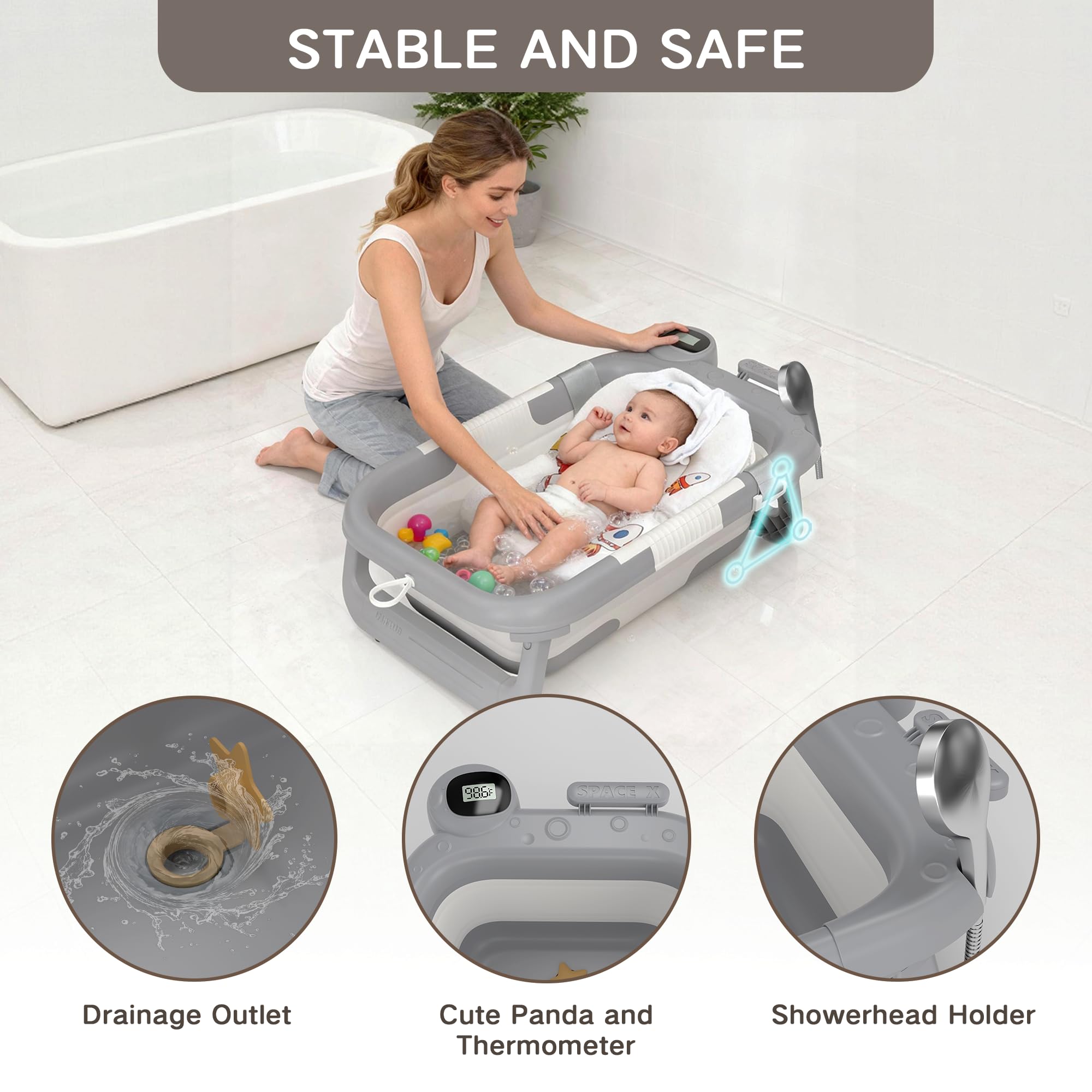 LAUJIA temperature monitor gauge visible on the tub for warmth check.