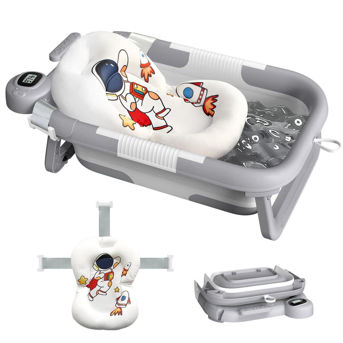 LAUJIA collapsible baby bathtub Astronaut Gray folded for space-saving storage.