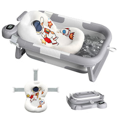 LAUJIA collapsible baby bathtub Astronaut Gray folded for space-saving storage.