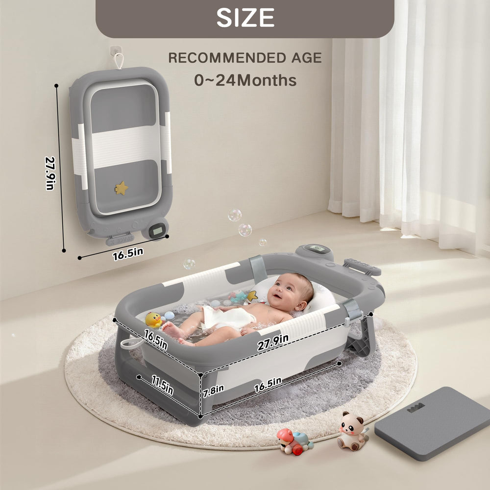 LAUJIA collapsible baby bathtub Astronaut Gray in use with baby.