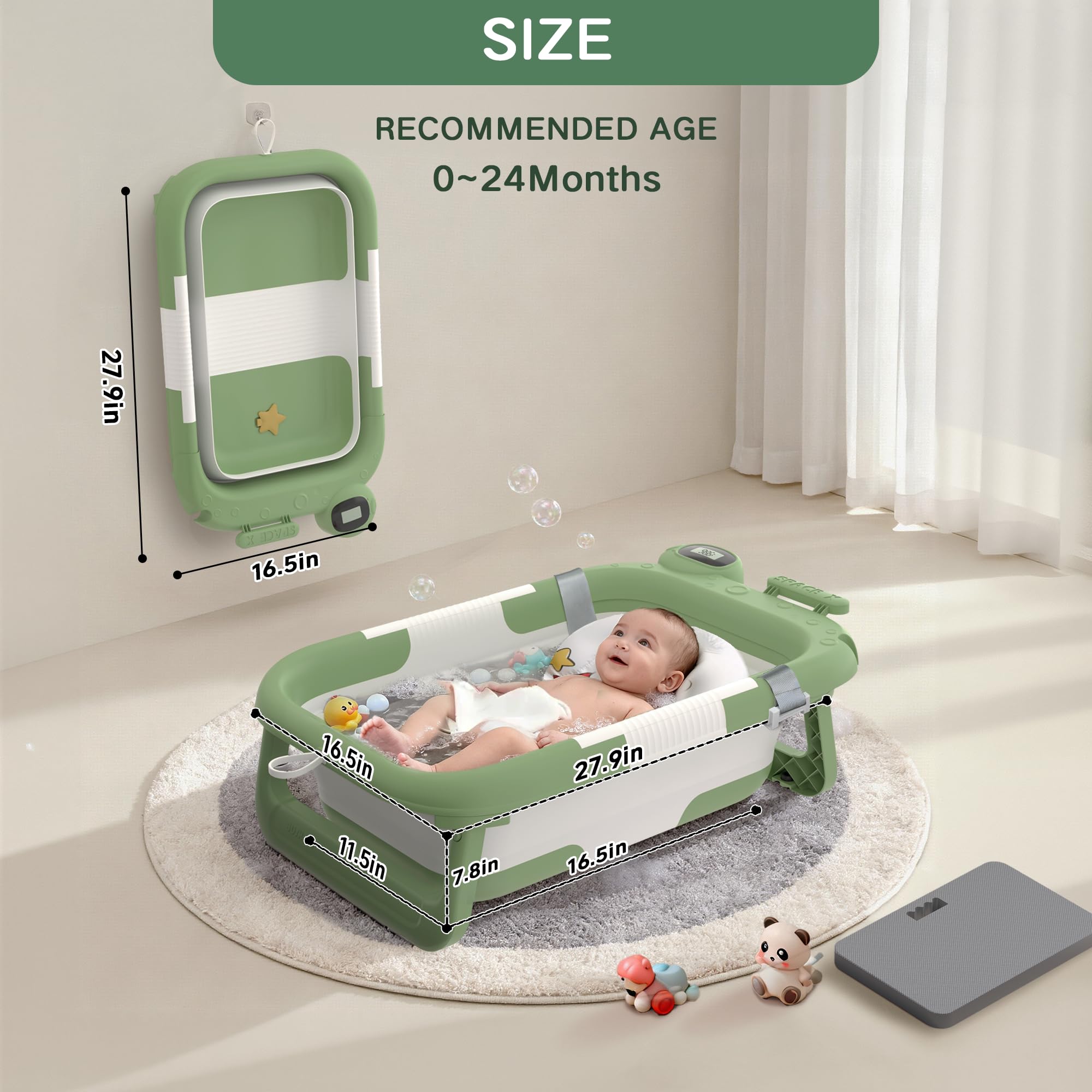 LAUJIA collapsible baby bathtub astronaut-green folded-flat demonstrates space-saving storage.