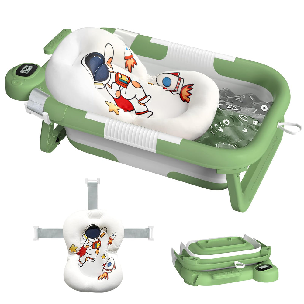 LAUJIA collapsible baby bathtub astronaut-green front view shows portable, grow-with-baby convenience.