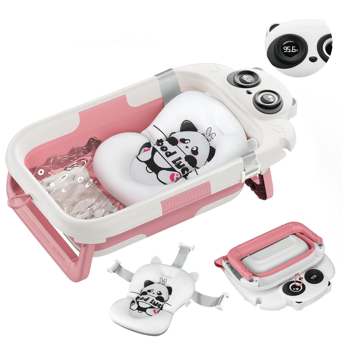 LAUJIA collapsible baby bathtub folded for compact storage and travel convenience.