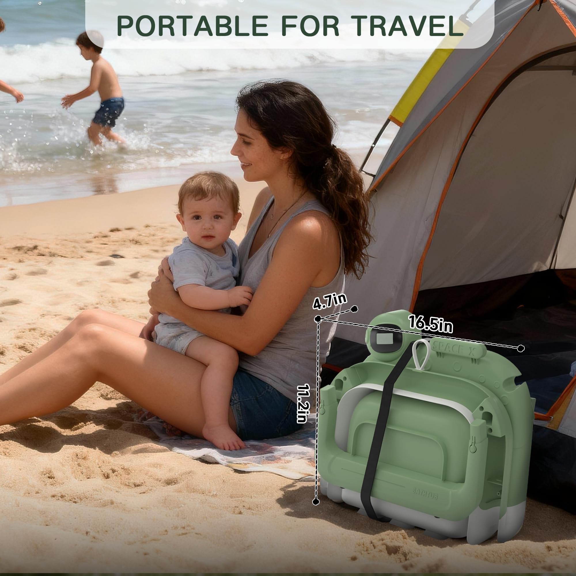 LAUJIA collapsible baby bathtub travel-use shot shows compact portability.