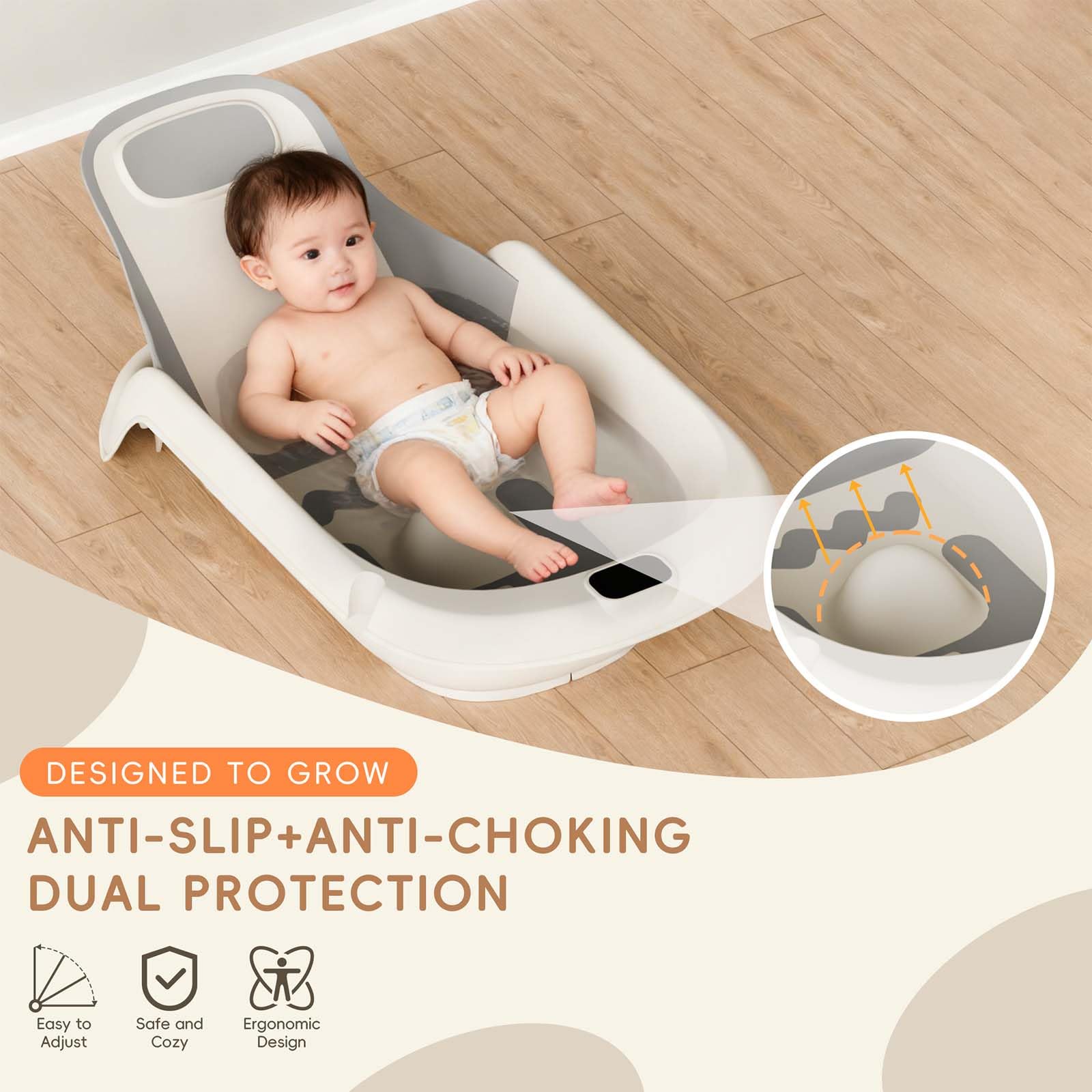 LAUJIA gray baby bathtub suitable from newborn to toddler for growing families.