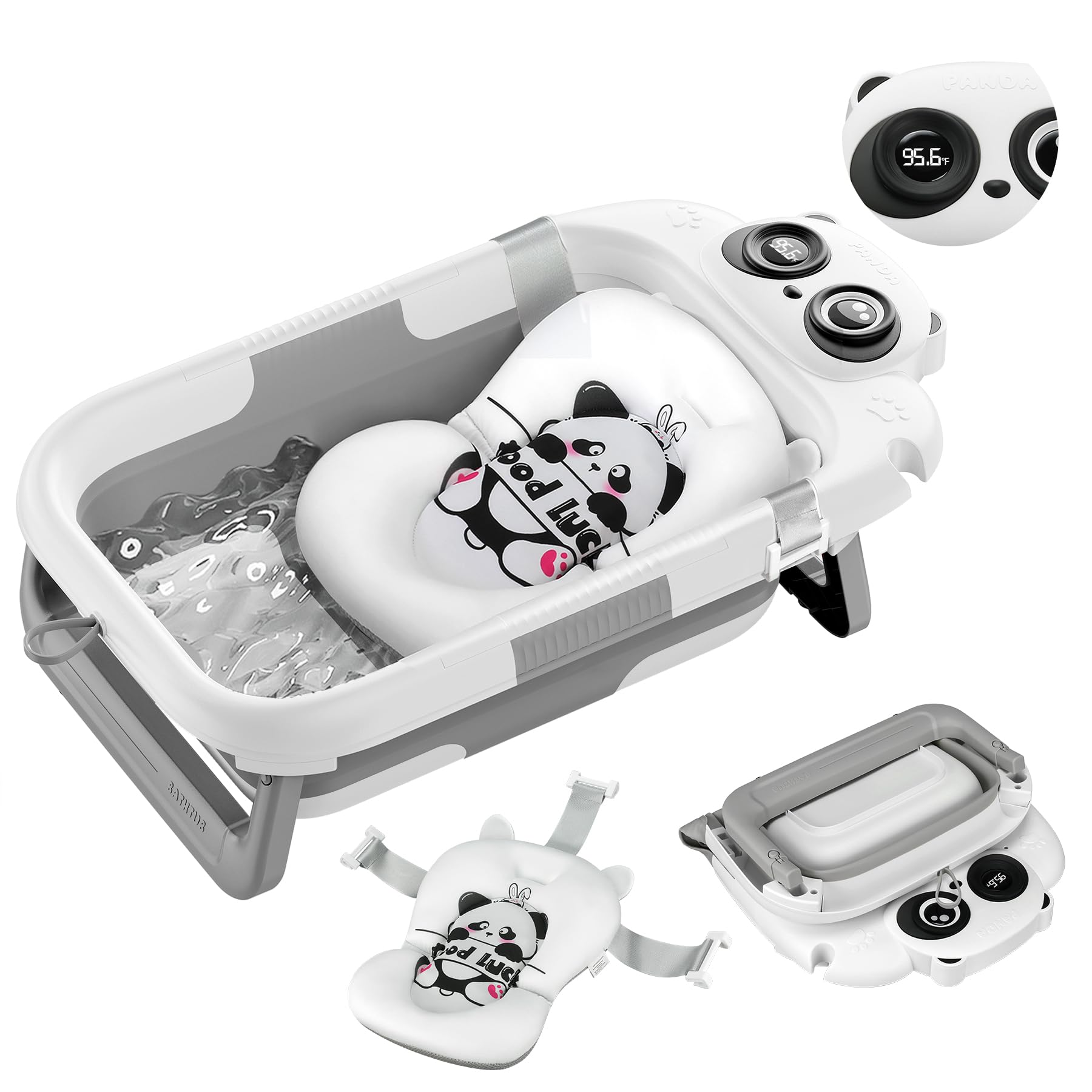 LAUJIA Panda Gray collapsible bath closed, space-saving design for travel and small spaces