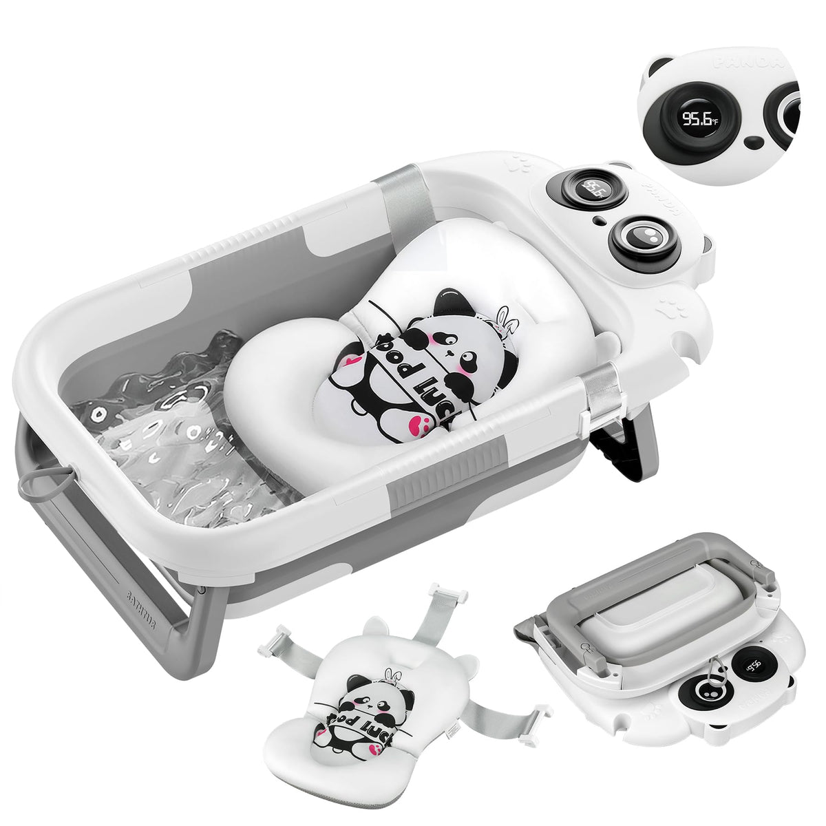 LAUJIA Panda Gray collapsible bath closed, space-saving design for travel and small spaces