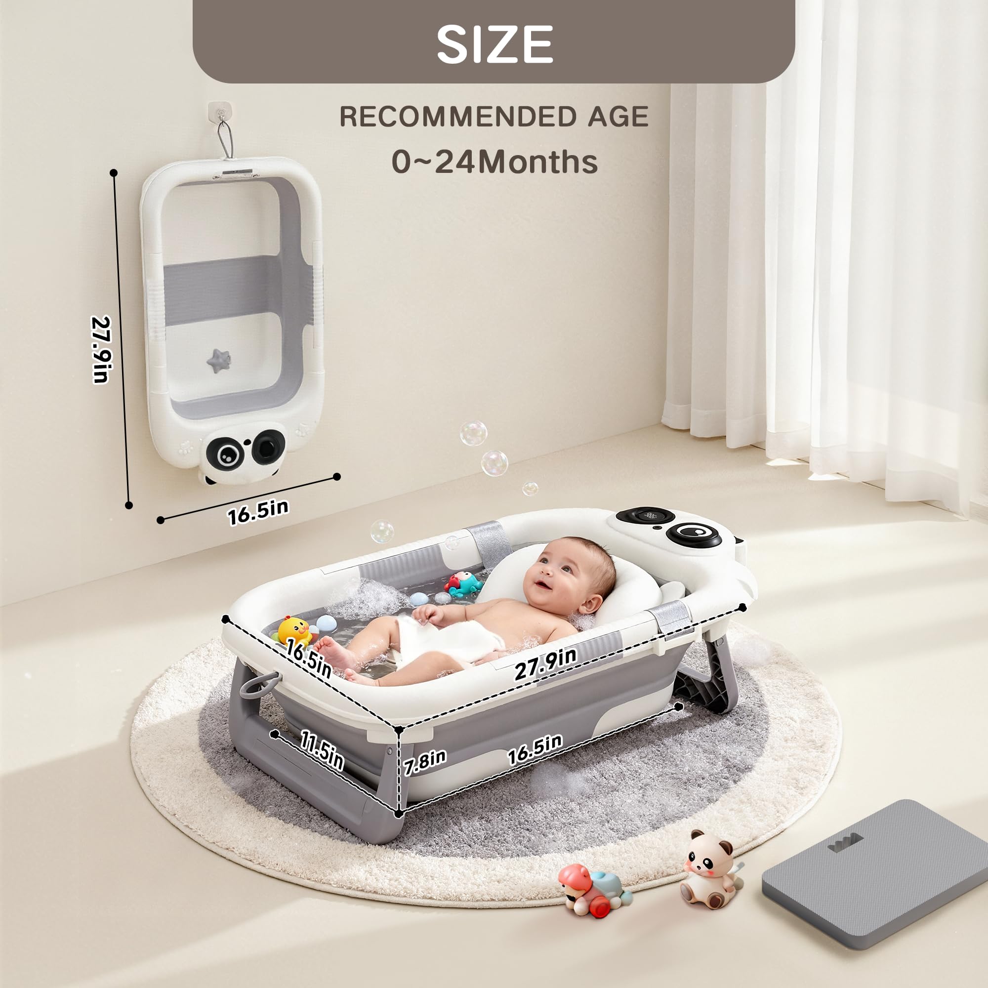 LAUJIA Panda Gray collapsible bath open, easy setup for newborn bathing and toddlers