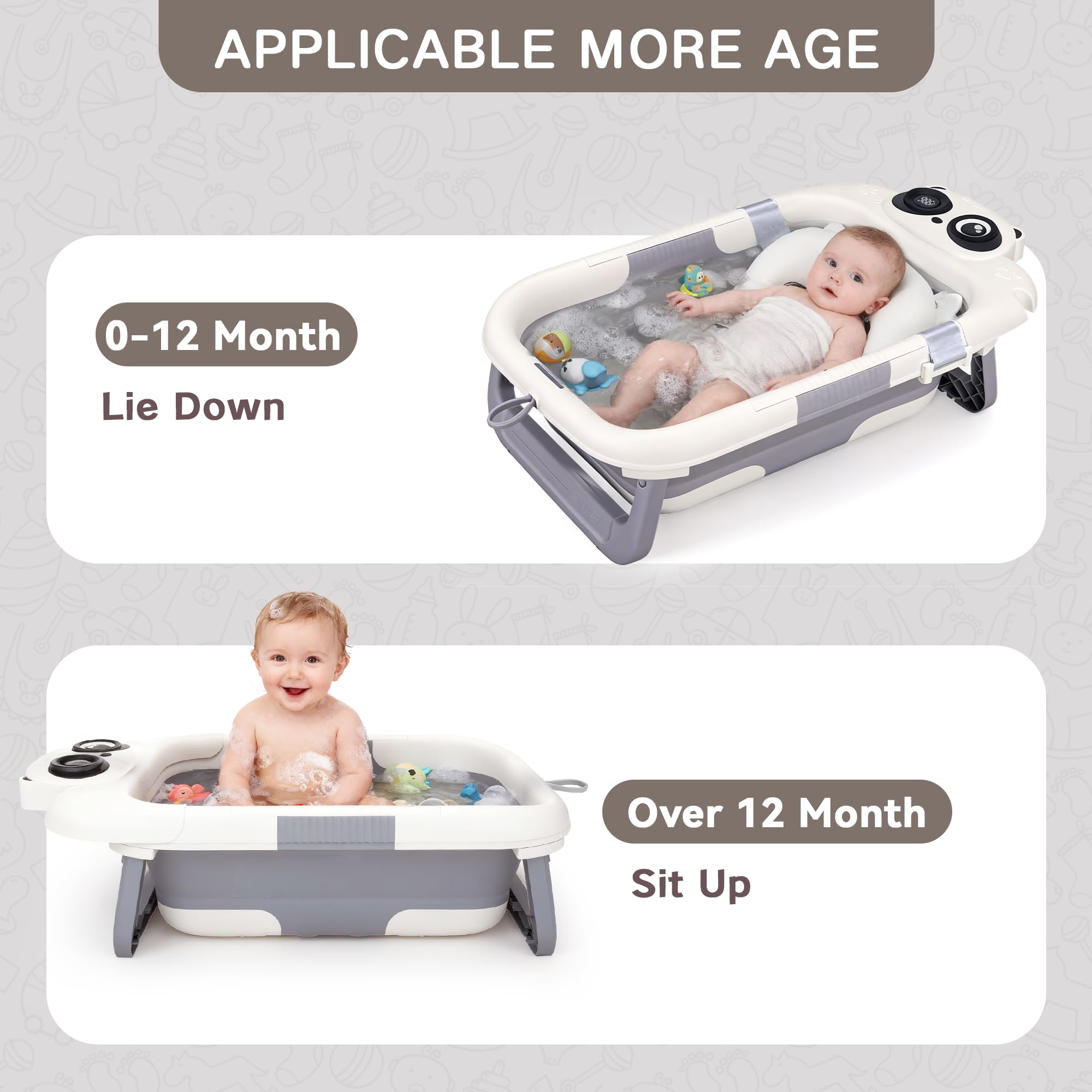 LAUJIA Panda Gray soft cushion inside, gentle support for baby comfort during bath