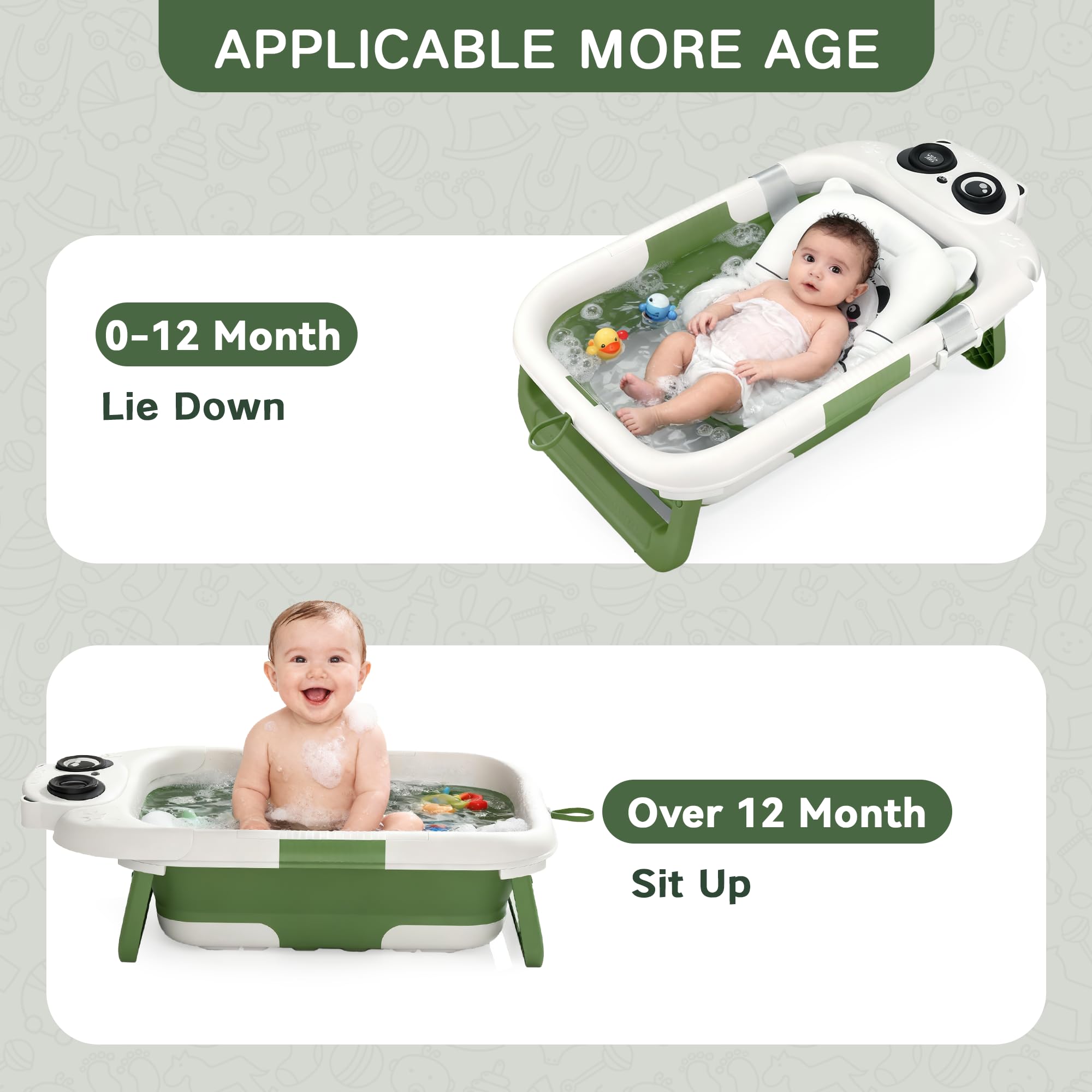 LAUJIA Panda-Green bathtub with built-in temperature gauge for safer baths
