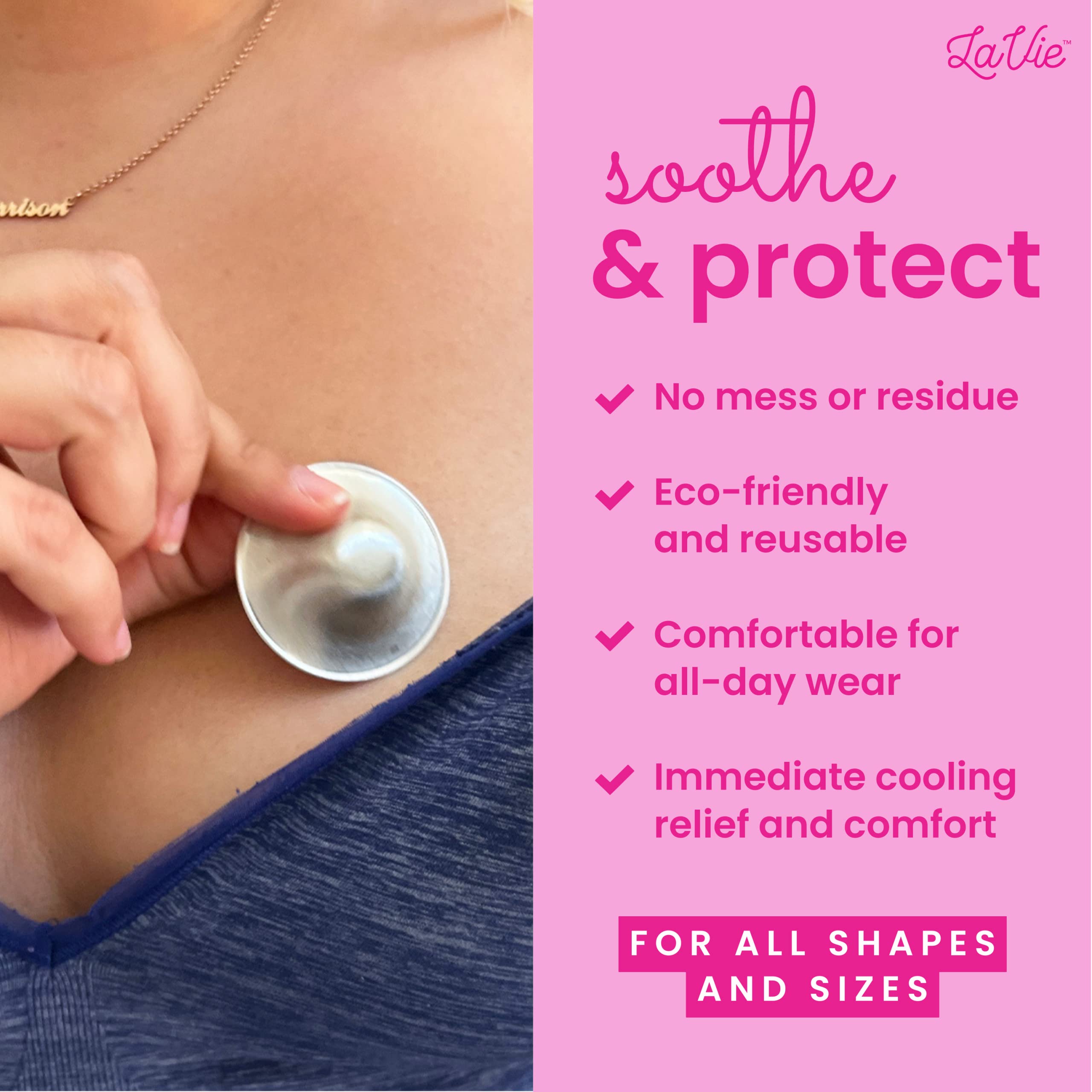 LaVie Silver Nursing Cups worn under clothing for all-day comfort.