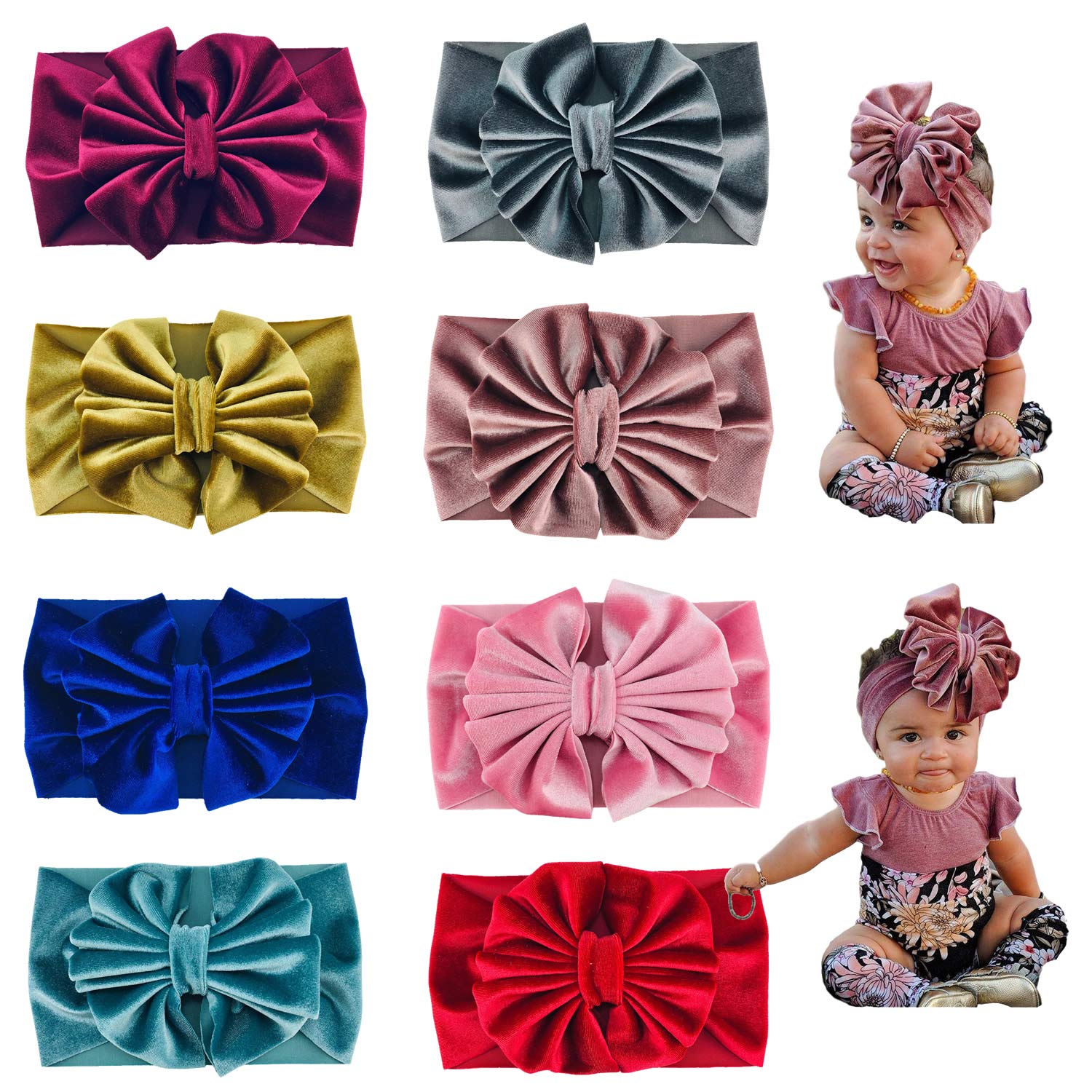 Lawie 8-pack velvet bow headbands in eight colors for versatile toddler outfits.