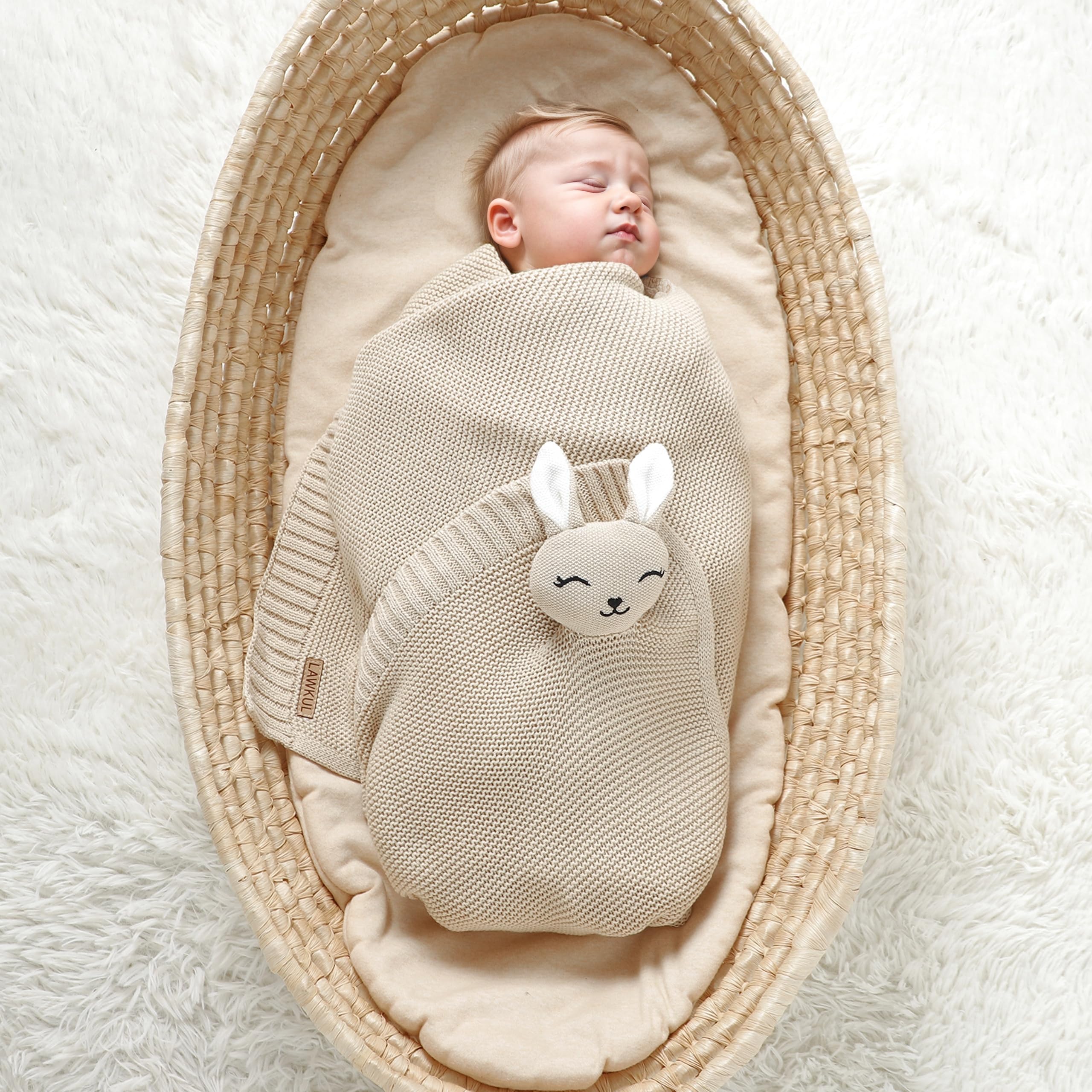 LAWKUL Bunny Lovey Blanket laid out for sleep training shows generous 40x30 inch size.