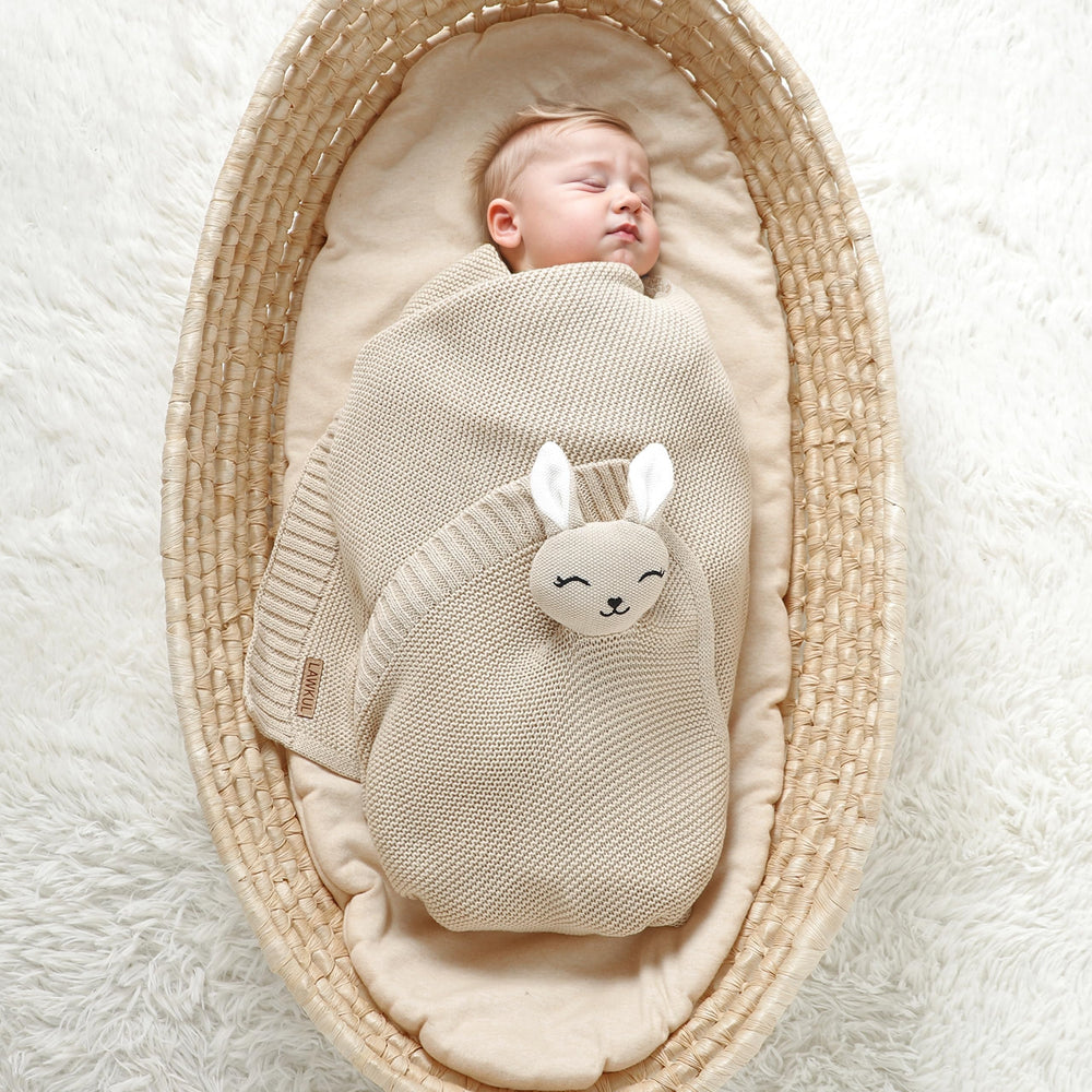 LAWKUL Bunny Lovey Blanket laid out for sleep training shows generous 40x30 inch size.